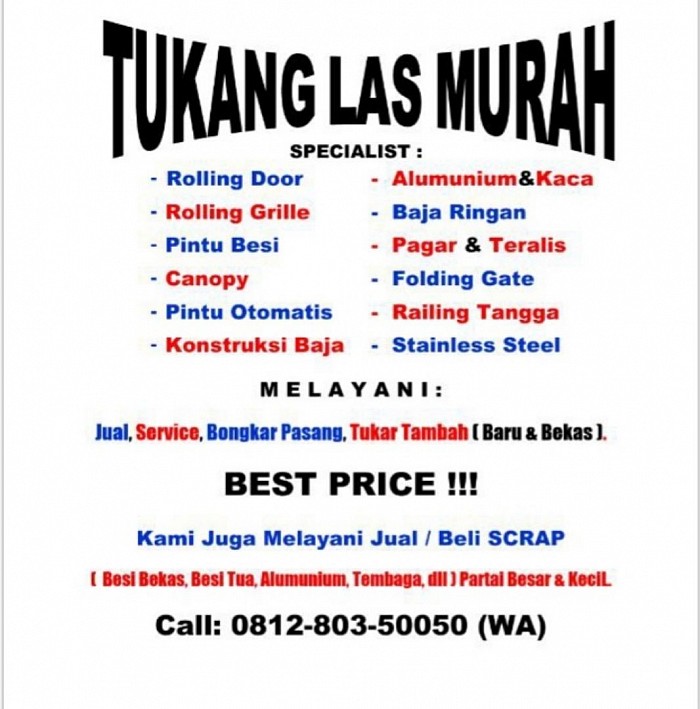 ROLLING DOOR & FOLDING GATE MURAH 081280350050 - panggilan cepat JABODETABEK 🙏🙏🙏 081280350050 - TUKANG LAS PANGGILAN, PEMASANGAN, JUAL, BELI, TT, SERVICE & BONGKAR PASANG : KONSTRUKSI BAJA, FOLDING GATE, HARMONIKA, ROLLING DOOR, ROLLING GRILLE, GARAGE DOOR, CANOPY, PAGAR, RAILLING TANGGA, BALKON, TERALIS, STAINLESS, SLIDING DOOR, PINTU GARASI, ATAP BAJA RINGAN, Tukang spesialis Jual Rolling door panggilan murah Jakarta, Tukang spesialis service rolling door panggilan murah jakarta, Tukang spesialis bongkar pasang rolling door panggilan murah Jakarta, Tukang spesialis Jual folding gate panggilan murah jakarta, Tukang spesialis service folding gate panggilan murah jakarta, Tukang spesialis bongkar pasang folding gate panggilan murah Jakarta  Call / WA: 081280350050 JASA SERVIS BONGKAR PASANG FOLDING GATE ROLLING DOOR  TERIMA JASA SERVIS BONGKAR PASANG PINTU FOLDINGGATE DAN PESAN BARU PINTU FOLDINGGATE DENGAN HARGA YANG BERSAHABAT. SERVIS BONGKAR PASANG FOLDINGGATE, SERVIS FOLDINGGATE. PESAN PINTU BARU FOLDINGGATE SERVIS, SERVIS FOLDINGGATE. SERVIS BONGKAR PASANG FOLDINGGATE, SERVIS PESANAN BARU.     Servis pintu Foldingate dan Bongkar pasang pintu Foldinggate-Cepat- Berkualitas dan Bergaransi.:Pintu Foldinggate yang Kami Jual dan Kami Service Antara Lain Pintu Foldinggate Besi Pintu,Foldinggate Galpanis dan pintu Foldinggate Pintu Harmonika  Kerusakan FOLDING GATE yang Sering Terjadi : Servis Bongkar Pasang Pintu Foldinggate Macet Seret Susah Buka Tutup Servis Bongkar pasang Silangan Patah-Patah, Bengkok-Bengkok Ancur Rusak. Servis Bongkar pasang Bering atau Roda yang dah Auus Rusak atau Miring. Servis Bongkar pasang Paka-Paku Ring-Ringnya pada Hilang. Servis Bongkar Pasang Las-lasnya yang Terlepas Copot. Servis Bongkar Pasang Daun pintu Foldingate Lepas Copot ngesrot ke Lantai atau ke Keramik. Servis bongkar pasang Pintu Macet dan Tidak Bisa Mengunci.                       Samapai Saat ini sudah RIBUAN ROLLING DOOR & RIBUAN FOLDING GATE yang Telah Kami pasang & Service atau Perbaiki Diseluruh wilayah Depok Jakarta Timur,Jakarta Selatan,Jabotabek Khususnya Pada Saat Akan ServicePintu Foldinggate Biasanya Dilakukan Survey Sebelumnya diliat apa -apanya Barang/ Seperpak Foldinggate yang harus diganti Akan Tetapi pada Saat Survay Untuk Service Foldinggate Teknisi Kami Selalu Sedia dan Siap Menerangkan keluahan Anda. Sehingga Jika HARGA Service Pintu Foldinggate Sudah DiACC atau Di Setujui maka peroses pengerjan service foldinggate dapat langsung di laksanakan pada hari yang sama..              Dengan demikian peroses Service Bongkar Pasang Foldinggate Menjadi lebih Cepat Dalam hal Eksekusi Perbaikan . Untuk hasil yang memuaskan, Service Bongkar pasang Pintu Foldinggate Di lakukan Oleh Tenaga Profesional dan Berpengalaman dalam menangani Service bongkar pasang pintu Foldinggate. Dengan demikian Pelanggan yang Mengajukan Service Bongkar Pasang Foldinggate akan Terjawab keinginannya untuk mengembalikannya fungsi pintu Foldinggate ke kondisi 90% seperti baru yang dapat di pungsikkkan dengan baik dan lancar. service bongkar pasang pintu foldinggate di kerjakan oleh Dua sampai Tiga Orang yang berpengalaman dalam hal Service bongkar pasang Pintu Foldinggate itu sendiri. Sehingga setelah pintu foldimnggate di Service kondisinya menjadi lebih baik. Banyak Tukang tukang Servis Foldinggate di depok di jakarta yang menawarkan jasa servis bongkar pasang pintu foldinggate tetapi setelah diservice mereka tidak memberi tahu atau memberikan arahan bagaimana menggunakan pintu Foldinggate yang baik dan benar. agar awet dalam pemakaian. tukang service foldinggate harus memiliki sekil yang cukup baik untuk mendapatkan hasil servis bongkar pasang pintu foldinggate baik dan maksimal.   berbagai macam bahan dan ketebalan foldinggate berbagai macam foldinggate yang Kami jual diantara lain: Foldinggate polos besi tebal 0,4mm, Foldinggate polos besi tebel 0,5, Foldinggate polos besi tebal 0,8mm, foldinggate galvanis tebal 0,4mm, Foldinggate galvanis tebal 0,5  Rolling door galvanis biasa           Rolling door super biasa              Rolling door Alumunium             Pemasangan Foldingate ,servics Foldinggate bongkar pasang Foldinggate di kerjakan oleh Tenaga kerja yang handal dan berpengalaman dibidangnya. ahli service rolling door murah Jakarta selatan,barat,utara,timur,pusat. service rolling door, folding gate murah jakarta, bogor, depok, bekasi  jual & jasa service rolling door jakarta termurah harga jasa service folding gate murah, ahli service rolling door tukang service folding gate, folding door jakarta selatan, utara, barat, timur, pusat, spesialis specialist garasi door murah, rolling door mesin otomatis listrik Jakarta dan folding gate murah, cat rolling door mesin, chain block, takel, rolling grille, one sheet, full perforated manual atau automatic, bolong-bolong, bongkar pasang dan pengecatan rolling folding serta ganti kunci rolling door, folding gate dan pintu kaca, Kami juga melayani jasa cuci sofa & karpet kantor, huruf timbul stainless, akrilik, kuningan dan instalasi listrik, jaringan lan dan wireless, jasa pasang wifi, hotspot, mikrotik dan jasa bongkar pasang canopy, jasa bongkar pasang partisi pintu kaca tempered & gypsum, tukang atau sipil untuk rumah, gedung, industri, rekolah, gudang, ruko, kantor, rumah ibadah, mall, pasar, dll, lokasi jabodetabek, Jakarta selatan, barat, timur, utara, pusat, bekasi, depok, sunter, kali malang, pulogadung, kelapagading, cempaka putih, manggadua, kota, otista, kramatjati, condet, cilandak, pasar rebo, cawang, kalibata, tebet, pancoran, saharjo, kuningan, mampang, buncit, blokm, bloks, kemang, jagakarsa, ragunan, siaga, lenteng agung, pasar minggu, pasar raya, rebo, fatmawati, radio dalam, senayan, cipete raya, grand wijaya center, pondok indah, slipi, grogol, kebonjeruk, jalan panjang.  Wilayah layanan jual & service rolling door takel kami meliputi seluruh plaza & pasar sejabodetabek, Jakarta, bogor, bekasi, depok, tangerang , Jakarta selatan, Jakarta timur, Jakarta barat, Jakarta utara, Jakarta pusat rolling door murah, rolling door termurah , rolling door paling murah, jual & service rolling door termurah , jual & service rolling door murah, jual & service rolling door paling murah, pasang rolling door termurah , pasang rolling door murah , pasang rolling door paling murah , harga rolling door termurah, harga rolling door murah, harga rolling door paling murah , specialist pasang rolling door murah , specialist pasang polling door termurah , specialist pasang rolling door paling murah , service rolling door termurah , service rolling door murah , service rolling door paling murah , ahli pasang rolling door termurah , ahli pasang rolling door murah , ahli pasang rolling door paling murah , specialist service rolling door murah, specialist service rolling door termurah, specialist service rolling door paling murah , bongkar pasang rolling door termurah , bongkar pasang rolling door murah , bongkar pasang rolling door paling murah , jasa service rolling door termurah , jasa service rolling door murah , jasa service rolling door paling murah , service & pasang rolling door termurah , service & pasang rolling door murah , service & pasang rolling door paling termurah, folding gate murah , folding gate termurah , folding gate paling termurah , jual & service folding gate murah , jual & service folding gate termurah , jual & service folding gate paling termurah , jual folding gate murah , jual folding gate termurah , jual folding gate paling murah , pasang folding gate termurah, pasang folding gate murah , pasang folding gate paling murah , harga folding gate murah, harga folding gate termurah , harga folding gate paling murah , specialist pasang folding gate murah , specialist pasang folding gate termurah, specialist pasang folding gate paling murah, service folding gate murah , service folding gate termurah, service folding gate paling termurah , ahli pasang folding gate murah , ahli pasang folding gate termurah, ahli pasang folding gate paling termurah, specialist service folding gate murah, specialist service folding gate termurah , specialist service folding gate paling termurah, bongkar pasang folding gate murah, bongkar pasang folding gate termurah , bongkar pasang folding gate paling termurah, jasa service folding gate murah, jasa service folding gate termurah, jasa service folding gate paling termurah , service & pasang folding gate murah, service & pasang folding gate termurah , service & pasang folding gate paling termurah,  Bagi anda yang membutuhkan pemasangan BARU atau SERVICE ROLLING DOOR & FOLDING GATE dengan harga paket yang sangat super murah... kami melayani pemasangan BARU atau SERVICE ROLLING DOOR & FOLDING GATE untuk rumah, Gedung, Industri, Sekolah, Ruko, Kantor, Rumah ibadah, Mall, Pasar, dll... dengan dukungan Teknisi yg Handal & berpengalaman dibidangnya. Dapatkan penawaran khusus dengan harga special murah & termurah dari Kami dengan harga paket yang sangat super murah... Kami melayani Jual rolling door, Service rolling door & Bongkar pasang rolling door dengan harga termurah, terbaik, berkualitas & bergaransi. Rolling door yang kami jual antara lain : rolling door one sheet full perforated ( bolong-bolong full) , rolling door one sheet kombinasi perforated ( bolong-bolong ditengah saja) , rolling door mesin, rolling door otomatis, rolling door electric motor operator, rolling door manual chain block operator, rolling door industri, rolling door semi perforated, rolling door full perforated, rolling door besi, rolling door galvalum, rolling door alumunium, rolling grille stainless & rolling grille alumuium. Berbagai macam ketebalan rolling door yang kami jual antara lain: rolling door 0, 3mm, rolling door 0, 35mm, rolling door 04mm, rolling door 0, 5mm, rolling door 0, 6mm, rolling door 0, 8mm, rolling door 1mm, rolling door 1, 2mm, rolling door 1, 4mm. Pemasangan rolling door, service rolling door maupun bongkar pasang rolling door Kawasan kami meliputi seluruh wilayah Indonesia a/ l: jakarta pusat, jakarta barat, jakarta timur, jakarta utara, jakarta selatan, tebet, kuningan, mampang, pasar minggu, tb simatupang, cilandak, kemang, cililitan, cawang, pulo gadung, kelapa gading, sunter, tanjung priok, cempaka putih, rawamangun, pondok kopi, klender, jatiwaringin, jati bening, pondok gede, lubang buaya, pinang ranti, kampung makasar, halim, bambu apus, ceger, kelapa dua wetan, lenteng agung, gatot subroto, cakung, ciledug, babelan, glodok, sudirman, kuningan, tanah abang, cinere, fatmawati, blok m, pancoran, kramat jati, cibubur, cipayung, bambu apus, ceger, manggarai, salemba, cipete, pondok labu, scbd, pasar rebo, cijantung, cipayung, ciracas, kemayoran, jagakarsa, ragunan, kebagusan, srengseng, cipulir, condet, tb simatupang, halim, cipinang, jatinegara, pasar senen, kemayoran, bungur, ciganjur, pademangan, ancol, mangga dua, gambir, matraman, kramat raya, gunung sahari, hayam wuruk, gajah mada, thamrin, tanah abang, kebon kacang, kebon jeruk, meruya, slipi, joglo, grogol, cengkareng, daan mogot, kapuk, pesing, pejompongan, senayan, parung, bogor, cileungsi, cimanggis, tangerang, bintaro, bsd, ciputat, depok, citayam, tambun, cibitung, lemah abang, sukatani, bekasi, cikarang dll. jasa service folding gate termurah Jakarta timur, barat, selatan, utara, pusat.                                                  service folding gate dengan berbagai mcam kerusakan dan keluhan, folding gate macet,robek,roda rusak,silangan patah dan lain lain. kami juga menerima pemasangan folding gate baru dengan berbagai macam bahan,slat galvalum,slat besi,dan lainnya. Murah,Free survey dan bergaransi rolling door murah, rolling door termurah, rolling door paling murah, jual & service rolling door termurah, jual & service rolling door murah, jual & service rolling door paling murah, pasang rolling door termurah, pasang rolling door murah , pasang rolling door paling murah, harga rolling door termurah, harga rolling door murah, harga rolling door paling murah, specialist pasang rolling door murah, specialist pasang rolling door termurah, specialist pasang rolling door paling murah, service rolling door termurah, service rolling door murah, service rolling door paling murah, ahli pasang rolling door termurah, ahli pasang rolling door murah, ahli pasang rolling door paling murah, specialist service rolling door murah, specialist service rolling door termurah, specialist service rolling door paling murah, bongkar pasang rolling door termurah, bongkar pasang rolling door murah, bongkar pasang rolling door paling murah, jasa service rolling door termurah, jasa service rolling door murah, jasa service rolling door paling murah, service & pasang rolling door termurah, service & pasang rolling door murah, service & pasang rolling door paling termurah, tukang servis rolling door murah, tukang servis rolling door termurah, tukang servis rolling door paling murah, jasa service rolling door murah, jasa service rolling door termurah, jasa service rolling door paling murah, ahli pasang rolling door murah, ahli pasang rolling door termurah, ahli pasang rolling door paling murah, spesialis servis rolling door murah, spesialis servis rolling door termurah, spesialis servis rolling door paling murah, jual rolling door murah, jual rolling door termurah, jual rolling door paling murah, folding gate murah, folding gate termurah, folding gate paling termurah, jual & Service folding gate murah, jual & service folding gate termurah, jual & service folding gate paling termurah , jual folding gate murah , jual folding gate termurah, jual folding gate paling murah, pasang folding gate termurah, pasang folding gate murah, pasang folding gate paling murah, harga folding gate murah, harga folding gate termurah, harga folding gate paling murah, specialist pasang folding gate murah, specialist pasang folding gate termurah, specialist pasang folding gate paling murah, service folding gate murah, service folding gate termurah, service folding gate paling termurah, ahli pasang folding gate murah, ahli pasang folding gate termurah, ahli pasang folding gate paling termurah, specialist service folding gate murah, specialist service folding gate termurah, specialist service folding gate paling termurah, bongkar pasang folding gate murah, bongkar pasang folding gate termurah, bongkar pasang folding gate paling termurah, jasa service folding gate murah, jasa service folding gate termurah, jasa service folding gate paling termurah, service & pasang folding gate murah, service & pasang folding gate termurah, service & pasang folding gate termurah, tukang servis folding gate paling murah, jasa service folding gate murah, jasa service folding gate termurah, jasa service folding gate paling murah, ahli pasang folding gate murah, ahli pasang folding gate termurah, ahli pasang folding gate paling murah, spesialis servis folding gate murah, spesialis servis folding gate termurah, spesialis servis folding gate paling murah, jual folding gate murah, jual folding gate termurah, jual folding gate paling murah,  Bagi anda yang membutuhkan pemasangan BARU atau SERVICE ROLLING DOOR & FOLDING GATE dengan harga paket yang sangat super murah... kami melayani pemasangan BARU atau SERVICE ROLLING DOOR & FOLDING GATE untuk rumah, Gedung, Industri, Sekolah, Ruko, Kantor, Rumah ibadah, Mall, Pasar, dll... dengan dukungan Teknisi yg Handal & berpengalaman dibidangnya. Dapatkan penawaran khusus dengan harga special murah & termurah dari Kami dengan harga paket yang sangat super murah... Kawasan kami meliputi seluruh wilayah Indonesia a/ l: jakarta Pusat, Jakarta Barat, Jakarta Timur, Jakarta Utara, Jakarta Selatan, Tebet, Kuningan, Mampang, Pasar Minggu, TB Simatupang, Cilandak, Kemang, Cililitan, Cawang, Pulo Gadung, kelapa gading, Sunter, tanjung priok, cempaka putih, rawamangun, pondok kopi, klender, jatiwaringin, jati bening, pondok gede, lubang buaya, pinang ranti, kampung makasar, halim, bambu apus, ceger, kelapa dua wetan, Lenteng Agung, Gatot Subroto, Cakung, ciledug, babelan, Glodok, Sudirman, kuningan, tanah Abang, Cinere, Fatmawati, Blok M, pancoran, Kramat jati, Cibubur, cipayung, bambu apus, ceger, Manggarai, Salemba, Cipete, pondok labu, SCBD, pasar rebo, cijantung, cipayung, ciracas, kemayoran, jagakarsa, ragunan, kebagusan, srengseng, cipulir, condet, TB Simatupang, halim, cipinang, jatinegara, pasar senen, kemayoran, bungur, ciganjur, pademangan, ancol, mangga dua, gambir, matraman, kramat raya, gunung sahari, hayam wuruk, gajah mada, thamrin, tanah abang, kebon kacang, kebon jeruk, meruya, slipi, joglo, grogol, cengkareng, daan mogot, kapuk, pesing, pejompongan, senayan, Parung, Bogor, Cileungsi, Cimanggis, Tangerang, Bintaro, BSD, Ciputat, Depok, Citayam, tambun, cibitung, lemah abang, sukatani, Bekasi, Cikarang, Gajah Mada Plaza, ITC Cempaka Mas, Menteng Plaza, Plaza Indonesia, EX Plaza Indonesia, Sarinah Plaza, Grand Indonesia Shopping Town, Plaza Atrium, Lifestyle X' nter, Senayan City, Plaza Senayan, Mangga Dua Pasar Pagi, Mall Mangga Dua, Harco Mas Mangga Dua, Mangga Dua Square, ITC Roxy Mas, MGK Kemayoran, Thamrin City, Atrium Senen, Pasar Tanah Abang , ITC Mangga Dua, Mall Kelapa Gading I - III & V, Mall Sunter, Pluit Village, Pasar Pagi Mangga Dua, WTC Mangga Dua, Pluit Junction, Mall Artha Gading, Sports Mall Kelapa Gading, Kelapa Gading Trade Center, Mall of Indonesia, Emporium Pluit, La Piazza, Mangga Dua Square, Kramat Jati Indah Plaza, Ramayana Kramat Jati Indah, Cibubur Junction, Cibubur Square, Pusat Grosir Cililitan, Pusat Grosir Jatinegara, Tamini Square, MT Haryono Square, Pulogadung Trade Center, Mal Graha Cijantung, Arion Mall, Buaran Plaza, Rawamangun Square, Arion Plaza, Ramayana Perumnas Klender, Mall CitraGrand, Lindeteves Trade Center, Glodok Plaza, Harco Glodok, Lokasari Plaza, Mall Ciputra, Mall Daan Mogot, Mall Puri Indah, Mall Taman Anggrek, Slipi Jaya Plaza, Mall Taman Palem, St Moritz Mall, Central Park Jakarta, Seasons City, PX Pavillion, Mal Kalibata, Cilandak Town Square, Mal Cilandak, Bintaro Plaza, Blok M Plaza, Blok M Square, ITC Fatmawati, ITC Kuningan, ITC Ambasador, Mal Ambassador, Mall Blok M, Pondok Indah Mall I & II, Melawai Plaza, Pasaraya Manggarai, pacific Place, Plaza Semanggi, Setiabudi One, ITC Permata Hijau, Pejaten Village, Gandaria City, City Walk Sudirman, Epicentrum Walk Rasuna, Ciputra World Jakarta, Kota Kasablanka, Kuningan City, Gajah Mada Plaza, ITC Cempaka Mas ( Carrefour Dept. Store) , Menteng Plaza, Plaza Indonesia ( PI) , EX Plaza Indonesia, Sarinah Plaza, Grand Indonesia, Shopping Town, Atrium Plaza, Lifestyle X' nter / f’ X ( Dulu Sudirman Palace) , Senayan City, Plaza Senayan, Dusit Mangga Dua / Le Grandeur Mangga Dua Hotel, Mall Mangga Dua, Harco Mas Mangga Dua, Mangga Dua Square ( Carrefour Dept. Store) , ITC Roxy Mas, Mega Glodok Kemayoran / MGK, Kemayoran, Thamrin City, Pasar Tanah Abang, Pusat Pertokoan Duta Merlin, ITC Mangga Dua, Mall Kelapa Gading I & III, Mall Sunter, Pluit Village, Pasar Pagi Mangga Dua, WTC Mangga Dua, Pluit Junction, Mall Artha Gading, Sports Mall Kelapa Gading, Kelapa Gading Trade Center, Kelapa Gading Hypermall, Mall of Indonesia / MOI, Mall Emporium Pluit, La Piazza / Lapiz, Mall Kalibata, Cilandak Town Square / Citos, Mall Cilandak, Bintaro Plaza, Blok M Plaza, Blok M Square, ITC Fatmawati, ITC Kuningan, ITC Ambasador, Mall Ambasador, Mall Blok M, Pondok Indah Mall I & II / PIM, Melawai Plaza, Pasaraya Manggarai, Pacific Place, Plaza Semanggi, Setiabudi One, ITC Permata Hijau, Pejaten Village, Gandaria City, City Walk Sudirman, Epicentrum Walk Rasuna, Tendean Plaza, Pasar Bata Putih, Pasar Raya Dept. Store, Lindeteves Trade Center / LTC Glodok, Glodok Plaza, Harco Glodok, Lokasari Plaza, Mall Ciputra ( d/ h Citraland Mall) , Mall Daan Mogot, Mall Puri Indah, Mall Taman Anggrek, Slipi Jaya Plaza, Mall Taman Palem, St Moritz Mall ( Dibuka Tahun 2013) , Central Park Jakarta, Seasons City, PX Pavillion, Roxy Mas Square, Pinangsia Plaza, Kramat Jati Indah Plaza / KJI Plaza, Ramayana Kramat Jati Indah, Cibubur Junction, Cibubur Square, Pusat Grosir Cililitan / PGC, Pusat Grosir Jatinegara / PGJ, Tamini Square, MT Haryono Square, Pulogadung Trade Center / PTC, Mall Graha Cijantung, Arion Plaza, Buaran Plaza / BP, Mall Citra Klender, Rawamangun Square, Grand Cakung, Pasar Perumnas Klender, Plaza Ekalokasari, Botani Square, Bogor Plaza, Bogor Trade Mall, Plaza Jambu Dua, Bogor Indah Plaza, Bellanova Country Mall, Depok Town Square / Detos, ITC Depok, Mall Cinere, Mall Depok, Margo City, Plaza Depok, ACE-Index Building, Tangerang City, Metropolis Town Square, Supermal Karawaci, CBD Ciledug, City Mall Mauk, BSD Junction, ITC BSD, Summarecon Mal Serpong, Plaza BSD, Bintaro Plaza, WTC Matahari, Giant Melati Mas, Giant BSD City, Teraskota, Plaza Serpong, Living World Alam Sutera, BSD Square, Mall Alam Sutera, Grand Mall Bekasi, Bekasi Trade Centre, Carrefour Harapan Indah, Mall Lippo Cikarang, Bekasi Square, Mall Metropolitan / MM, Mega Bekasi Hypermall, Bekasi Cyber Park, Sentra Grosir Cikarang, Plaza Pondok Gede. dll. Tukang service folding gate murah FREE SURVE DAN BERGARANSI  Bagi anda yang membutuhkan pemasangan BARU atau SERVICE ROLLING DOOR & FOLDING GATE dengan harga paket yang sangat super murah... kami melayani pemasangan BARU atau SERVICE ROLLING DOOR & FOLDING GATE untuk rumah, Gedung, Industri, Sekolah, Ruko, Kantor, Rumah ibadah, Mall, Pasar, dll... dengan dukungan Teknisi yg Handal & berpengalaman dibidangnya. Dapatkan penawaran khusus dengan harga special murah & termurah dari Kami dengan harga paket yang sangat super murah... Kami melayani Jual rolling door, Service rolling door & Bongkar pasang rolling door dengan harga termurah, terbaik, berkualitas & bergaransi. Rolling door yang kami jual antara lain : rolling door one sheet full perforated (bolong-bolong full), rolling door one sheet kombinasi perforated (bolong-bolong ditengah saja), rolling door mesin, rolling door otomatis, rolling door electric motor operator, rolling door manual chain block operator, rolling door industri, rolling door semi perforated, rolling door full perforated, rolling door besi, rolling door galvalum, rolling door alumunium, rolling grille stainless & rolling grille alumuium. Berbagai macam ketebalan rolling door yang kami jual antara lain: rolling door 0, 3mm, rolling door 0, 35mm, rolling door 04mm, rolling door 0, 5mm, rolling door 0, 6mm, rolling door 0, 8mm, rolling door 1mm, rolling door 1, 2mm, rolling door 1, 4mm. Pemasangan rolling door, service rolling door maupun bongkar pasang rolling door Kawasan kami meliputi seluruh wilayah Indonesia a/l: jakarta Pusat, Jakarta Barat, Jakarta Timur, Jakarta Utara, Jakarta Selatan, Tebet, Kuningan, Mampang, Pasar Minggu, TB Simatupang, Cilandak, Kemang, Cililitan, Cawang, Pulo Gadung, kelapa gading, Sunter, tanjung priok, cempaka putih, rawamangun, pondok kopi, klender, jatiwaringin, jati bening, pondok gede, lubang buaya, pinang ranti, kampung makasar, halim, bambu apus, ceger, kelapa dua wetan, Lenteng Agung, Gatot Subroto, Cakung, ciledug, babelan, Glodok, Sudirman, kuningan, tanah Abang, Cinere, Fatmawati, Blok M, pancoran, Kramat jati, Cibubur, cipayung, bambu apus, ceger, Manggarai, Salemba, Cipete, pondok labu, SCBD, pasar rebo, cijantung, cipayung, ciracas, kemayoran, jagakarsa, ragunan, kebagusan, srengseng, cipulir, condet, TB Simatupang, halim, cipinang, jatinegara, pasar senen, kemayoran, bungur, ciganjur, pademangan, ancol, mangga dua, gambir, matraman, kramat raya, gunung sahari, hayam wuruk, gajah mada, thamrin, tanah abang, kebon kacang, kebon jeruk, meruya, slipi, joglo, grogol, cengkareng, daan mogot, kapuk, pesing, pejompongan, senayan, Parung, Bogor, Cileungsi, Cimanggis, Tangerang, Bintaro, BSD, Ciputat, Depok, Citayam, tambun, cibitung, lemah abang, cikarang.  Tukang service folding gate, rolling door murah  jual & jasa service rolling door murah jakarta & jasa service harga ahli tukang folding gate dan folding door termurah jakarta , spesialis specialist garasi door otomatis, rolling door mesin, chain block, takel, rolling grille, one sheet, full perforated, bolong-bolong, manual atau automatic, bongkar pasang ganti kunci cat rolling dan folding. Kami juga melayani jasa instalasi listrik, pabx, jaringan lan dan wireless, jasa pasang wifi, hotspot, mikrotik dan jasa bongkar pasang reklame , billboard & neon box, canopy, jasa bongkar pasang partisi pintu kaca tempered & gypsum, tukang atau sipil plumbing, ac untuk rumah, gedung, industri, rekolah, gudang, ruko, kantor, rumah ibadah, mall, pasar, dll, lokasi jabodetabek, jakarta selatan, utara, barat, timur, pusat, bekasi, depok, sunter, kali malang, pulogadung, kelapagading, cempaka putih, manggadua, kota, otista, kramatjati, condet, cilandak, pasar rebo, cawang, kalibata, tebet, pancoran, saharjo, kuningan, mampang, buncit, blokm, bloks, kemang, jagakarsa, ragunan, siaga, lenteng agung, pasar minggu, pasar raya, rebo, fatmawati, radio dalam, senayan, cipete raya, grand wijaya center, pondok indah, slipi, grogol,  HARGA PROMOSI….   Jasa pemasangan baru, jual service dan bongkar pasang ROLLING DOOR, ROLLING GRILLE, HARMONIKA, FOLDING GATE, Note : harga di tentukan setelah dilakukan pengecekan / survei dan dihitung dari sparepart dan kesulitan kerja, dengan tenaga ahli & profesional kami Melayani panggilang SeJabodetabek Jakarta barat, jakarta selatan, jakarta pusat, jakarta timur, jakarta utara, bekasi, tangerang, depok, bogor, A/L tukang rolling door cengkareng, tukang rolling door semanan, tukang rolling door murah taman palem, tukang rolling door murah kalideras, tukang rolling door murah daan mogot, tukang rolling door murah pesing, tukang rolling door murah jelambar, tukang rolling door murah rawa buaya, tukang rolling door murah, puri kembangan, tukang rolling door murah, duri kosambi, tukang rolling door murah karang tengah, tukang rolling door murah meruya, tukang rolling door murah joglo, tukang rolling door murah kedoya, tukang rolling door murah kebon jeruk, tukang rolling door murah srengseng, tukang rolling door murah kelapa dua, tukang rolling door murah pos pengumben, tukang rolling door murah rawa belong, tukang rolling door murah palmerah, tukang rolling door murah slipi, tukang rolling door murah kemanggisan, tukang rolling door murah tomang, tukang rolling door murah tanjung duren, tukang rolling door murah grend ville, tukang rolling door murah grogol, tukang rolling door murah permata hijau, tukang rolling door murah kebayoran lama, tukang rolling door murah kebayoran baru, tukang rolling door murah cipulir, tukang rolling door murah ululjami, tukang rolling door murah senayan, tukang rolling door murah pakubuwono, tukang rolling door murah hang lekir, tukang rolling door murah mayestik, tukang rolling door murah bulungan, tukang rolling door murah melawai, tukang rolling door murah panglima polim, tukang rolling door murah radio dalam, tukang rolling door murah gandaria, tukang rolling door murah pondok indah, tukang rolling door murah pondok pinang, tukang rolling door murah blok m, tukang rolling door murah darmawangsa, tukang rolling door murah panglima polim, tukang rolling door murah fatmawati, tukang rolling door murah cipete, tukang rolling door murah cilandak, tukang rolling door murah lebak bulus, tukang rolling door murah tb simatupang, tukang rolling door pondok labu, tukang rolling door ragunan, tukang rolling door murah srengseng sawah, tukang rolling door murah kebagusan, tukang rolling door murah jagakarsa, tukang rolling door murag lenteng agung, tukang rolling door murah tanjung barat, tukang rolling door murah pasar minggu, tukabg rolling door murah kalibata, tukang rolling door murah duren tiga, tukang rolling door murah mampang, tukang rolling door murah kapten tendean, tukang rolling door murah pejaten, tukang rolling door murah jatipadang, tukang rolling door murah bangka, tukang rolling door murah kemang, tukang rolling door murah ampera, tukang rolling door murah pancoran, tukang rolling door murah tebet, tekang rolling door murah saharjo, tukang rolling door murah manggarai, tukang rolling door murah semanggi, tukang rolling door murah kuningan, tukang rolling door murah cawang, tukang rolling door murah dewisartika, tukang rolling door murah uki, tukang rolling door murah cililitan, tukang rolling door murah condet, tukang rolling door murah cijantung, tukang rolling door murah kramat jati, tukang rolling door murah pondok gede, tukang rolling door murah kalimalang, tukang rolling door murah duren sawit, tukang rolling door jatiwaringin, tukang rolling door cipinang, tukang rolling door pondok bambu, tukang rolling door gembrong, tukang rolling door jatinegara tukang rolling door prumpung, tukang rolling door otista, tukang rolling door kampung melayu, tukang rolling door pramuka, tukang rolling door matraman, tukang rolling door utan kayu, tukang rolling door pemuda, tukang rolling door rawamangun, tukang rolling door kebon nanas, tukang rolling door salemba, tukang rolling door percetakan negara, tukang rolling door paseban, tukang rolling door galur, tukang rolling door tanah tinggi, tukang rolling door cempaka putih, tukang rolling door gunung sahari, tukang rolling door kemayoran, tukang rolling door pasar baru, tukang rolling door mangga besar, tukang rolling door sawah besar, tukang rolling door mangga besar, tukang rolling door pecenongan, tukang rolling door harmoni, tukang rolling door petojo, tukang rolling door cideng, tukang rolling door tanah abang, tukang rolling door kota bambu, tukang rolling door kebon kacang, tukang rolling door kebon melati, tukang rolling door sarinah, tukang rolling door kebon sirih, tukang rolling door cikini, tukang rolling door menteng, tukang rolling door bendungan hilir ( benhil ) tukang rolling door setia budi, tukang rolling door casablanka, tukang rolling door petamburan.  jual & jasa service rolling door murah jakarta & jual huruf timbul stainless, akrilik, kuningan harga jasa service folding gate ahli service rolling door tukang service folding gate dan folding door termurah jakarta , spesialis specialist garasi door, rolling door otomatis dan folding gate, cat rolling door mesin, chain block, takel, rolling grille, one sheet, full perforated manual atau automatic, bolong-bolong, bongkar pasang dan pengecatan rolling folding serta ganti kunci rolling door, folding gate dan pintu kaca. Kami juga melayani jasa instalasi listrik, jaringan lan dan wireless, jasa pasang wifi, hotspot, mikrotik dan jasa bongkar pasang canopy, jasa bongkar pasang partisi pintu kaca tempered & gypsum, tukang atau sipil untuk rumah, gedung, industri, rekolah, gudang, ruko, kantor, rumah ibadah, mall, pasar, dll, lokasi jabodetabek, jakarta selatan, utara, barat, timur, pusat, bekasi, depok, sunter, kali malang, pulogadung, kelapagading, cempaka putih, manggadua, kota, otista, kramatjati, condet, cilandak, pasar rebo, cawang, kalibata, tebet, pancoran, saharjo, kuningan, mampang, buncit, blokm, bloks, kemang, jagakarsa, ragunan, siaga, lenteng agung, pasar minggu, pasar raya, rebo, fatmawati, radio dalam, senayan, cipete raya, grand wijaya center, pondok indah, slipi, grogol, kebonjeruk, jalan panjang.                                                                                                                                                                          jasa service rolling door termurah Jakarta timur, barat, utara, selatan, pusat.                                                             FREE SURVEY DAN BERGARANSI, Bagi anda yang membutuhkan pemasangan BARU atau SERVICE ROLLING DOOR & FOLDING GATE dengan harga paket yang sangat super murah. Kawasan kami meliputi seluruh wilayah Indonesia a/l: jakarta Pusat, Jakarta Barat, Jakarta Timur, Jakarta Utara, Jakarta Selatan, Tebet, Kuningan, Mampang, Pasar Minggu, TB Simatupang, Cilandak, Kemang, Cililitan, Cawang, Pulo Gadung, kelapa gading, Sunter, tanjung priok, cempaka putih, rawamangun, pondok kopi, klender, jatiwaringin, jati bening, pondok gede, lubang buaya, pinang ranti, kampung makasar, halim, bambu apus, ceger, kelapa dua wetan, Lenteng Agung, Gatot Subroto, Cakung, ciledug, babelan, Glodok, Sudirman, kuningan, tanah Abang, Cinere, Fatmawati, Blok M, pancoran, Kramat jati, Cibubur, cipayung, bambu apus, ceger, Manggarai, Salemba, Cipete, pondok labu, SCBD, pasar rebo, cijantung, cipayung, ciracas, kemayoran, jagakarsa, ragunan, kebagusan, srengseng, cipulir, condet, TB Simatupang, halim, cipinang, jatinegara, pasar senen, kemayoran, bungur, ciganjur, pademangan, ancol, mangga dua, gambir, matraman, kramat raya, gunung sahari, hayam wuruk, gajah mada, thamrin, tanah abang, kebon kacang, kebon jeruk, meruya, slipi, joglo, grogol, cengkareng, daan mogot, kapuk, pesing, pejompongan, senayan, Parung, Bogor, Cimanggis, Tangerang, Bintaro, BSD, Ciputat, Depok, Citayam, tambun, cibitung, lemah abang, sukatani, Bekasi, Cikarang. Gajah Mada Plaza, ITC Cempaka Mas, Menteng Plaza, Plaza Indonesia, EX Plaza Indonesia, Sarinah Plaza, Grand Indonesia Shopping Town, Plaza Atrium, Lifestyle X'nter, Senayan City, Plaza Senayan, Mangga Dua Pasar Pagi, Mall Mangga Dua, Harco Mas Mangga Dua, Mangga Dua Square, ITC Roxy Mas, MGK Kemayoran, Thamrin City, Atrium Senen, Pasar Tanah Abang , ITC Mangga Dua, Mall Kelapa Gading, Mall Sunter, Pluit Village, Pasar, WTC Mangga Dua, Pluit Junction, Mall Artha Gading, Sports Mall Kelapa Gading, Kelapa Gading Trade Center, Mall of Indonesia, Emporium Pluit, La Piazza, Mangga Dua Square, Kramat Jati Indah Plaza, Ramayana Kramat Jati Indah, Cibubur Junction, Cibubur Square, Pusat Grosir Cililitan, Pusat Grosir Jatinegara, Tamini Square, MT Haryono Square, Pulogadung Trade Center, Mal Graha Cijantung, Arion Mall, Buaran Plaza, Rawamangun Square, Arion Plaza, Ramayana Perumnas Klender, Mall CitraGrand, Lindeteves Trade Center, Glodok Plaza, Harco Glodok, Lokasari Plaza, Mall Ciputra, Mall Daan Mogot, Mall Puri Indah, Mall Taman Anggrek, Slipi Jaya Plaza, Mall Taman Palem, St Moritz Mall, Central Park Jakarta, Seasons City, PX Pavillion, Mal Kalibata, Cilandak Town Square, Mal Cilandak, Bintaro Plaza, Blok M Plaza, Blok M Square, ITC Fatmawati, ITC Kuningan, ITC Ambasador, Mal Ambassador, Mall Blok M, Pondok Indah Mall I & II, Melawai Plaza, Pasaraya Manggarai, pacific Place, Plaza Semanggi, Setiabudi One, ITC Permata Hijau, Pejaten Village, Gandaria City, City Walk Sudirman, Epicentrum Walk Rasuna, Ciputra World Jakarta, Kota Kasablanka, Kuningan City, Gajah Mada Plaza, ITC Cempaka Mas (Carrefour Dept. Store), Menteng Plaza, Plaza Indonesia (PI), EX Plaza Indonesia, Sarinah Plaza, Grand Indonesia, Shopping Town, Atrium Plaza, Lifestyle X'nter / f’X (Dulu Sudirman Palace), Senayan City, Plaza Senayan, Dusit Mangga Dua / Le Grandeur Mangga Dua Hotel, Mall Mangga Dua, Harco Mas Mangga Dua, Mangga Dua Square (Carrefour Dept. Store), ITC Roxy Mas, Mega Glodok Kemayoran, Thamrin City, Pasar Tanah Abang, Pusat Pertokoan Duta Merlin, ITC Mangga Dua, Mall Kelapa Gading I & III, Mall Sunter, Pluit Village, Pasar Pagi Mangga Dua, WTC Mangga Dua, Pluit Junction, Mall Artha Gading, Sports Mall Kelapa Gading, Kelapa Gading Trade Center, Kelapa Gading Hypermall, Mall of Indonesia / MOI, Mall Emporium Pluit, La Piazza / Lapiz, Mall Kalibata, Cilandak Town Square / Citos, Mall Cilandak, Bintaro Plaza, Blok M Plaza, Blok M Square, ITC Fatmawati, ITC Kuningan, ITC Ambasador, Mall Ambasador, Mall Blok M, Pondok Indah Mall I & II / PIM, Melawai Plaza, Pasaraya Manggarai, Pacific Place, Plaza Semanggi, ITC Permata Hijau, Pejaten Village, Gandaria City, City Walk Sudirman, Epicentrum Walk Rasuna, Tendean Plaza, Pasar Bata Putih, Pasar Raya Dept. Store, Lindeteves Trade Center / LTC Glodok, Glodok Plaza, Harco Glodok, Lokasari Plaza, Mall Ciputra (d/h Citraland Mall), Mall Daan Mogot, Mall Puri Indah, Mall Taman Anggrek, Slipi Jaya Plaza, Mall Taman Palem, St Moritz Mall, Central Park Jakarta, Seasons City, PX Pavillion, Roxy Mas Square, - lihat pin bbm di atas kontak penjual - Plaza, Kramat Jati Indah Plaza / KJI Plaza, Ramayana Kramat Jati Indah, Cibubur Junction, Cibubur Square, Pusat Grosir Cililitan / PGC, Pusat Grosir Jatinegara / PGJ, Tamini Square, MT Haryono Square, Pulogadung Trade Center / PTC, Mall Graha Cijantung, Arion Plaza, Buaran Plaza / BP, Mall Citra Klender, Rawamangun Square. dll.  jasa service rolling door termurah, folding gate murah jakarta jual jasa service rolling door murah jakarta termurah, jasa service harga ahli tukang folding gate dan folding door termurah jakarta , spesialis specialist garasi rolling door mesin, takel, rolling grille, one sheet, full perforated, bolong-bolong, manual atau automatic, bongkar pasang ganti kunci cat rolling dan folding. canopy, jasa bongkar pasang partisi pintu kaca tempered & gypsum tukang service folding gate jakarta termurah selatan, barat, timur, utara, pusat. P R O M O S I jual & jasa service rolling door murah jakarta & jual huruf timbul stainless, akrilik, kuningan harga jasa service folding gate ahli service rolling door tukang service folding gate dan folding door termurah jakarta , spesialis specialist garasi door, rolling door otomatis dan folding gate, cat rolling door mesin, chain block, takel, rolling grille, one sheet, full perforated manual atau automatic, bolong-bolong, bongkar pasang dan pengecatan rolling folding serta ganti kunci rolling door, folding gate dan pintu kaca. Kami juga melayani jasa instalasi listrik, jaringan lan dan wireless, jasa pasang wifi, hotspot, mikrotik dan jasa bongkar pasang canopy, jasa bongkar pasang partisi pintu kaca tempered & gypsum, tukang atau sipil untuk rumah, gedung, industri, rekolah, gudang, ruko, kantor, rumah ibadah, mall, pasar, dll, lokasi jabodetabek, jakarta selatan, utara, barat, timur, pusat, bekasi, depok, sunter, kali malang, pulogadung, kelapagading, cempaka putih, manggadua, kota, otista, kramatjati, condet, cilandak, pasar rebo, cawang, kalibata, tebet, pancoran, saharjo, kuningan, mampang, buncit, blokm, bloks, kemang, jagakarsa, ragunan, siaga, lenteng agung, pasar minggu, pasar raya, rebo, fatmawati, radio dalam, senayan, cipete raya, grand wijaya center, pondok indah, slipi, grogol, kebonjeruk, jalan panjang. Tukang rolling door panggilan jakarta timur MELAYANI JASA SERVICE/ PERBAIKAN ROLLING DOOR FOLDING GATE ROLLING GRILLE dengan harga paket yang sangat super murah SESUAI TINGKAT KERUSAKAN DAN KONDISI dengan dukungan Teknisi yg Handal & berpengalaman dibidangnya. Dapatkan penawaran khusus dengan harga special murah & termurah dari Kami FREE SURVEY kerusakan dilokasi juragan / free konsultasi dan garansi pengerjaan FREE SURVEY/ KONSULTASI / dan GARANSI Kami jasa, tukang, ahli, Perbaikan,reparasi, service, benerin, perbaiki pengecatan,repair, bongkar dan pemasangan baru -rolling door -grille -folding gate -harmonika -pintu besi -pagar besi -garasi -tralis dll dengan teknisi handal dan berpengalaman melayani pemasangan baru dan pesanan Rolling door manual Rolling door one sheet Rolling door full perforated Rolling door kombinasi Perforated Rolling grille Folding gate pintu Harmonika Canopy Tralis dll dengan harga termurah dan berkualitas cocok untuk anda yg ingin pasang baru dengan harga terjangkau namun tetap berkualitas kami juga melayani jasa service reparasi dan perbaikan dengan harga termurah SESUAI KERUSAKAN DAN KONDISI di kerjakan oleh tenaga ahli yg berpengalaman dan profesional dapat kan paket harga termurah bila anda menghubungi kami sekarang. kami melayani area JAKARTA dan SEKITAR NYA Nb: harga tertera dapat berubah sesuai kesepakapan dua belah pihak/hrga perbaikan tergantung kerusakan ukuran dan kesulitan pengerjaan Segera hubungi kami langsung Kami yang survey Kami yang kerjakan Harga kami berikan paket terbaik dan murah FREE SURVEY/ KONSULTASI / dan GARANSI Tag. Wilayah pengerjaan kami : jakarta,Cakung,rorotan,tambun, rengas,marunda,cilincing,priok,semper,sukapudua, pondok, kopi,malaka, penggilingan, ulogadung,halim,cawang, sumur batu,rawa ternate, ujung menteng,kalibaru, pulogebang, bambu apus,cipinang, rawa bambu, klender, jatinegara, duren sawit, buaran,dewi sartika, bintara,harapan indah,pondok ungu,bojong, taruma jaya, pekayon,jati Asih,jatiwaringin,kalimalang,kranji,bekasi, pejuang, bulakapal,tambun,cibitung,cikarang,rawamangun,kelapa gading, yos sudarso, mambo, enggano, ancol, mangga dua, gunung ashari, hayam wuruk, tamansari, mangga besar,pecenongan,tipar cakung, rorotan, suka pura, lagoa, tugu utara, rawa badak, kebon bawang, koja, rawa malang, marunda, kali baru, cilincing raya,ujung kerawang, ujung menteng, pulogebang, kranji,jaka sampurna,kalimalang, harapan jaya, harapan mulya,marga mulya, perjuangan,harapan indah, agus salim, margahayu, duren jaya, jatimulya,pekayon, setia mekar, sultan hasanudin, tambun,cibuntu, jababeka, cibitung, harja mekar, kali jaya, danau indah, suka resmi, wangunharja, tegalgede, cibarusah, kali baru,rawa lumbu, bojong menteng, bintara,jaka setia, sawah besar,pencenongan, cideng, hayam wuruk, gajah mada,asemka,jatiwaringin, pondok gede, pondok pinang, pinang ranti, jati rawaterate,pulogadung,rawamangun,cipinang,jatinegara,matraman, kampong melayu, otista, cipinang,klender, buaran, duren sawit,pondok bamboo Pulogebang, durensawit, raya bekasi, sultan agung, harapan indah, harapan jaya,kaliabang,pondok ungu,bintara, sumber artha, kranji, agussalim, pekayon, rawaterate, pul bambu, radeninten, kalimalang, jatiwaringin, jati jatiasih, pekayon, pondokgede,k alimalang, pinanG ranti, radeninten, cawang, kramatjati, cijantung, pasari durensawit, rawasari, rawamangun, cipinang, jatinegara, klender, buaran, cakung, ujungmenteng, pulogebang, rawatera te, pegangsaandua,p enggilingan, petojo, tambora, pecenongan, lokasari, hayamwuruk, gajahmada, grogol,cideng, daanmogot, gunungsahari, senen, galur, tanahtinggi, joharbaru, percetakan negara, matraman, pramuka, pulogadung, penggilingan, cakung, pegangsaan dua, sukapura, semper, koja, lagoa, rawabadak, kebon bawang, pademangan, durensawit, pondokkopi, bongkok, indoforland, mangga besar, sawah besar, petojo, cideng, kebonsirih, kwitang, johar baru, galur,g empol, senen, tanah tinggi, cempakamas, cempaka putih, pulomas,kelapa gading, rawalumbu, kalimalang tambun,bulak kapal, indoforleand,cibitung,cikarang, utan panjang, serdang,cempakabaru,kemayoran, kebon kosong,sumur batu, gunung sahari, tebet, manggarai, pancoran, citayam, ciganjur, bojong, toleiskandar, juanda, Bintara, kota baru, kranji, jaka sampurna,beji, cimanggis, citayam , limo, lubang buaya, cimanggis, citayam, cipayung Serdang, pulo jahe, citayam, depok Pinang ranti, pulogebang sumber artha jati mulya setia darma kaliabang pondok ungu   service folding gate termurah jakarta timur, barat, utara, selatan, pusat. FREE SURVEY, FREE KONSULTASI DAN BERGARANSI Bagi anda yang membutuhkan pemasangan BARU atau SERVICE ROLLING DOOR & FOLDING GATE dengan harga paket yang sangat super murah...dengan dukungan Teknisi yg Handal & berpengalaman dibidangnya. Dapatkan penawaran khusus dengan harga special murah & termurah dari Kami dengan harga paket yang sangat super murah... Kawasan kami meliputi seluruh wilayah Indonesia a/ l: jakarta Pusat, Jakarta Barat, Jakarta Timur, Jakarta Utara, Jakarta Selatan, Gambir, Kebon Kelapa, Petojo Utara, Duri Pulo, Cideng, Petojo Selatan, Bendungan Hilir, Tanah Abang, Karet Tengsin, Kebon Melati, Kebon Kacang, Kampung Bali, Petamburan, Gelora, Menteng, Pegangsaan, Cikini, Kebon Sirih, Gondangdia, Senen, Kwitang, Kenari, Paseban, Kramat, Bungur, Cempaka Putih Timur, Cempaka Putih, Cempaka Putih Barat, Cempaka Putih, Galur, Johar Baru, Tanah Tinggi, Kampung Rawa, Rawasari, Gunung Sahari Selatan, Kemayoran, Kebon Kosong, Kemayoran, Harapan Mulya, Sumur Batu, Serdang, Utan Panjang, Kemayoran, Pasar Baru, Sawah Besar, Gunung Sahari Utara, Sawah Besar, Mangga Dua Selatan, Karang Anyar, Kartini, Sawah Besar, - lihat pin bbm di atas kontak penjual -, Tamansari, Glodok, Tamansari, Keagungan, Tamansari, Krukut, Tamansari, Tangki, Tamansari, Mangga Besar, Tamansari, Tanah Sareal, Malaka, Tambora, Pekojan, Jembatan Lima, Krendang, Duri Selatan, Duri Utara, Kalianyar, Jembatan Besi, Tambora, Angke, Tambora, Slipi, Kota Bambu Selatan, Palmerah, Kota Bambu Utara, Jati Pulo, Tomang, Grogol, Petamburan, Jelambar Baru, Wijaya Kusuma, Tanjung Duren Utara, Kemanggisan, Palmerah, Duri Kepa, Kebon Jeruk, Selatan, Kedoya Utara, Sukabumi Utara, Kebon Jeruk, Kelapa Dua, Sukabumi Selatan, Kembangan Barat, Kembangan, Kembangan Timur, Kembangan, Meruya Utara, Serengseng, Joglo, Kembangan, Meruya , Kembangan, Kedaung Kaliangke, Cengkareng, Kapuk, Cengkareng, Cengkareng Barat, Cengkareng, Cengkareng Timur, Cengkareng, Rawa Buaya, Cengkareng, Duri Kosambi, Kamal, Kalideres, Tegal Alur, Pegadungan, Kalideres, Jakarta Barat, Kalideres, Semanan, Kalideres, Kebayoran Baru, Kramat Pela, Gandaria Utara, Cipete Utara, Kebayoran Baru, Melawai, Kebayoran Baru, Pulo, Petogogan, Rawa Barat, Senayan, Kebayoran Baru, Grogol Utara, Kebayoran Lama, Grogol Selatan, Kebayoran Lama, Cipulir, Kebayoran Lama, Kebayoran Lama Selatan, Kebayoran Lama, Kebayoran Lama Utara, Kebayoran Lama, Jakarta Selatan, Ulujami, Pesanggrahan, Petukangan Utara, Petukangan Selatan, Pondok Pinang, Kebayoran Lama, Bintaro, Cipete Selatan, Cilandak, Gandaria Selatan, Cilandak, Cilandak Barat, Cilandak, Lebak Bulus, Cilandak, Pondok Labu, Cilandak, Pejaten Barat, Pasar Minggu, Pejaten Timur, Kebagusan, Tanjung Barat, Jagakarsa, Jati Padang, Pasar Minggu, Ragunan, Cilandak Timur, Lenteng Agung, Ciganjur, Jagakarsa, Cipedak, Srengseng Sawah, Kuningan Barat, Mampang Prapatan, Pela Mampang, Bangka, Kalibata, Pancoran, Rawajati, Pancoran, Duren Tiga, Cikoko, Pengadegan, Tegal Parang, Tebet Barat, Tebet, Tebet Timur, Tebet, Kebon Baru, Bukit Duri, Manggarai, Menteng Dalam, Setiabudi, Karet, Setiabudi, Karet Semanggi, Karet Kuningan, Setiabudi, Kuningan Timur, Setiabudi, Menteng Atas, Pasar Manggis, Guntur, Pisangan Baru, Matraman, Utan Kayu Selatan, Utan Kayu Utara, Matraman, Kayu Manis, Pal Meriam, Kebon Manggis, Kayu Putih, Pulo Gadung, Jati, Pulo Gadung, Pisangan Timur, rawamangun, Cipinang, Jatinegara, Kaum, Bali Mester, Kampung Melayu, Bidara Cina, Cipinang Cempedak, Jatinegara, Rawa Bunga, Cipinang Besar Selatan, Cipinang Besar Utara, Cipinang Muara, Pondok Bambu, Duren Sawit, Pondok Kelapa, Duren Sawit, Malaka Jaya, Duren Sawit, Malaka Sari, Pondok Kopi, Klender, Duren Sawit, Kramat Jati, Batu Ampar, Bale Kambang, Kampung Tengah, Dukuh, Kramatjati, Pinang Ranti, Makasar, Makasar, Halim Perdanakusumah, Cipinang Melayu, Cawang, Cililitan, Kramat jati, Kebon Pala, Pekayon, Pasar Rebo, Cibubur, Ciracas, Kelapa Dua Wetan, Susukan, Ciracas, Gedong, Pasar Rebo, Cijantung, Kalisari, Lubang Buaya, Cipayung, Ceger, Rambutan, Munjul, Pondok Rangon, Cilangkap, Cipayung, Setu, Cipayung, Bambu Apus, Cipayung, Cakung Barat, Cakung, Rawa Terate, Cakung, Jatinegara, Cakung, Penggilingan, Pulo Gebang, Ujung Menteng, Kalibaru, Cilincing, Semper Barat, Semper Timur, Cilincing, Rorotan, Sukapura, Marunda, Koja Utara, Koja, Koja Selatan, Koja, Rawa Badak, Kelapa Gading Barat, Kelapa Gading, Kelapa Gading Timur, Kelapa Gading, Pegangsaan Dua, Tugu Selatan, Koja, Tugu Utara, Koja, Lagoa, Tanjung Priok, Kebon Bawang, Papanggo, Warakas, Sunter Agung, Tanjung Priok, Sunter Jaya, Pademangan Timur, Pademangan Barat, Ancol, Pademangan, Penjaringan, Pejagalan, Pluit, Penjaringan, Kapuk Muara, Kamal Muara, Pulau Untung Jawa, Kepulauan Seribu, Pulau Tidung, Kepulauan Seribu, Pulau Panggang, Pulau Kelapa, Kepulauan Seribu Dll. Pasang baru & Service Folding gate termurah DKI Jakarta Timur FREE SURVEI DAN BERGARANSI Rolling Door murah, Rolling Door Termurah, Rolling Door paling murah, Jual & Service Rolling Door Termurah, Jual & Service Rolling Door murah, Jual & Service Rolling Door paling murah, Pasang Rolling Door Termurah , Pasang Rolling Door murah , Pasang Rolling Door paling murah , Harga Rolling Door Termurah, Harga Rolling Door murah, Harga Rolling Door paling murah, Specialist pasang Rolling Door Murah , Specialist pasang Rolling Door termurah , Specialist pasang Rolling Door paling murah , Service Rolling Door Termurah , Service Rolling Door murah , Service Rolling Door paling murah , Ahli Pasang Rolling Door Termurah , Ahli Pasang Rolling Door murah , Ahli Pasang Rolling Door paling murah , Specialist Service Rolling Door murah, Specialist Service Rolling Door termurah, Specialist Service Rolling Door paling murah, Bongkar Pasang Rolling Door Termurah , Bongkar Pasang Rolling Door murah , Bongkar Pasang Rolling Door paling murah , Jasa Service Rolling Door Termurah , Jasa Service Rolling Door murah , Jasa Service Rolling Door paling murah , Service & pasang Rolling Door termurah , Service & pasang Rolling Door murah , Service & pasang Rolling Door paling termurah , Folding Gate murah , Folding Gate Termurah , Folding Gate paling Termurah , Jual & Service Folding Gate murah , Jual & Service Folding Gate Termurah , Jual & Service Folding Gate paling Termurah , Jual Folding Gate murah , Jual Folding Gate Termurah , Jual Folding Gate paling murah , Pasang Folding Gate termurah, Pasang Folding Gate murah , Pasang Folding Gate paling murah , Harga Folding Gate Murah, Harga Folding Gate termurah , Harga Folding Gate paling Murah , Specialist Pasang Folding Gate murah , Specialist Pasang Folding Gate Termurah, Specialist Pasang Folding Gate paling murah, Service Folding Gate murah , Service Folding Gate Termurah, Service Folding Gate paling Termurah, Ahli Pasang Folding Gate murah, Ahli Pasang Folding Gate Termurah, Ahli Pasang Folding Gate paling Termurah, Specialist Service Folding Gate murah, Specialist Service Folding gate & rolling door.