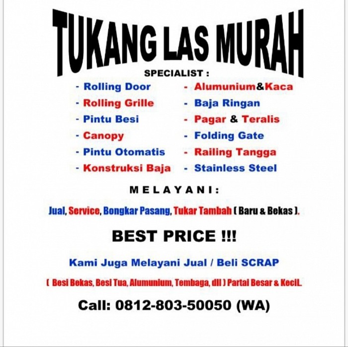 ROLLING DOOR & FOLDING GATE MURAH 081280350050 - panggilan cepat JABODETABEK 🙏🙏🙏 081280350050 - TUKANG LAS PANGGILAN, PEMASANGAN, JUAL, BELI, TT, SERVICE & BONGKAR PASANG : KONSTRUKSI BAJA, FOLDING GATE, HARMONIKA, ROLLING DOOR, ROLLING GRILLE, GARAGE DOOR, CANOPY, PAGAR, RAILLING TANGGA, BALKON, TERALIS, STAINLESS, SLIDING DOOR, PINTU GARASI, ATAP BAJA RINGAN, Tukang spesialis Jual Rolling door panggilan murah Jakarta, Tukang spesialis service rolling door panggilan murah jakarta, Tukang spesialis bongkar pasang rolling door panggilan murah Jakarta, Tukang spesialis Jual folding gate panggilan murah jakarta, Tukang spesialis service folding gate panggilan murah jakarta, Tukang spesialis bongkar pasang folding gate panggilan murah Jakarta  Call / WA: 081280350050 JASA SERVIS BONGKAR PASANG FOLDING GATE ROLLING DOOR  TERIMA JASA SERVIS BONGKAR PASANG PINTU FOLDINGGATE DAN PESAN BARU PINTU FOLDINGGATE DENGAN HARGA YANG BERSAHABAT. SERVIS BONGKAR PASANG FOLDINGGATE, SERVIS FOLDINGGATE. PESAN PINTU BARU FOLDINGGATE SERVIS, SERVIS FOLDINGGATE. SERVIS BONGKAR PASANG FOLDINGGATE, SERVIS PESANAN BARU.     Servis pintu Foldingate dan Bongkar pasang pintu Foldinggate-Cepat- Berkualitas dan Bergaransi.:Pintu Foldinggate yang Kami Jual dan Kami Service Antara Lain Pintu Foldinggate Besi Pintu,Foldinggate Galpanis dan pintu Foldinggate Pintu Harmonika  Kerusakan FOLDING GATE yang Sering Terjadi : Servis Bongkar Pasang Pintu Foldinggate Macet Seret Susah Buka Tutup Servis Bongkar pasang Silangan Patah-Patah, Bengkok-Bengkok Ancur Rusak. Servis Bongkar pasang Bering atau Roda yang dah Auus Rusak atau Miring. Servis Bongkar pasang Paka-Paku Ring-Ringnya pada Hilang. Servis Bongkar Pasang Las-lasnya yang Terlepas Copot. Servis Bongkar Pasang Daun pintu Foldingate Lepas Copot ngesrot ke Lantai atau ke Keramik. Servis bongkar pasang Pintu Macet dan Tidak Bisa Mengunci.                       Samapai Saat ini sudah RIBUAN ROLLING DOOR & RIBUAN FOLDING GATE yang Telah Kami pasang & Service atau Perbaiki Diseluruh wilayah Depok Jakarta Timur,Jakarta Selatan,Jabotabek Khususnya Pada Saat Akan ServicePintu Foldinggate Biasanya Dilakukan Survey Sebelumnya diliat apa -apanya Barang/ Seperpak Foldinggate yang harus diganti Akan Tetapi pada Saat Survay Untuk Service Foldinggate Teknisi Kami Selalu Sedia dan Siap Menerangkan keluahan Anda. Sehingga Jika HARGA Service Pintu Foldinggate Sudah DiACC atau Di Setujui maka peroses pengerjan service foldinggate dapat langsung di laksanakan pada hari yang sama..              Dengan demikian peroses Service Bongkar Pasang Foldinggate Menjadi lebih Cepat Dalam hal Eksekusi Perbaikan . Untuk hasil yang memuaskan, Service Bongkar pasang Pintu Foldinggate Di lakukan Oleh Tenaga Profesional dan Berpengalaman dalam menangani Service bongkar pasang pintu Foldinggate. Dengan demikian Pelanggan yang Mengajukan Service Bongkar Pasang Foldinggate akan Terjawab keinginannya untuk mengembalikannya fungsi pintu Foldinggate ke kondisi 90% seperti baru yang dapat di pungsikkkan dengan baik dan lancar. service bongkar pasang pintu foldinggate di kerjakan oleh Dua sampai Tiga Orang yang berpengalaman dalam hal Service bongkar pasang Pintu Foldinggate itu sendiri. Sehingga setelah pintu foldimnggate di Service kondisinya menjadi lebih baik. Banyak Tukang tukang Servis Foldinggate di depok di jakarta yang menawarkan jasa servis bongkar pasang pintu foldinggate tetapi setelah diservice mereka tidak memberi tahu atau memberikan arahan bagaimana menggunakan pintu Foldinggate yang baik dan benar. agar awet dalam pemakaian. tukang service foldinggate harus memiliki sekil yang cukup baik untuk mendapatkan hasil servis bongkar pasang pintu foldinggate baik dan maksimal.   berbagai macam bahan dan ketebalan foldinggate berbagai macam foldinggate yang Kami jual diantara lain: Foldinggate polos besi tebal 0,4mm, Foldinggate polos besi tebel 0,5, Foldinggate polos besi tebal 0,8mm, foldinggate galvanis tebal 0,4mm, Foldinggate galvanis tebal 0,5  Rolling door galvanis biasa           Rolling door super biasa              Rolling door Alumunium             Pemasangan Foldingate ,servics Foldinggate bongkar pasang Foldinggate di kerjakan oleh Tenaga kerja yang handal dan berpengalaman dibidangnya. ahli service rolling door murah Jakarta selatan,barat,utara,timur,pusat. service rolling door, folding gate murah jakarta, bogor, depok, bekasi  jual & jasa service rolling door jakarta termurah harga jasa service folding gate murah, ahli service rolling door tukang service folding gate, folding door jakarta selatan, utara, barat, timur, pusat, spesialis specialist garasi door murah, rolling door mesin otomatis listrik Jakarta dan folding gate murah, cat rolling door mesin, chain block, takel, rolling grille, one sheet, full perforated manual atau automatic, bolong-bolong, bongkar pasang dan pengecatan rolling folding serta ganti kunci rolling door, folding gate dan pintu kaca, Kami juga melayani jasa cuci sofa & karpet kantor, huruf timbul stainless, akrilik, kuningan dan instalasi listrik, jaringan lan dan wireless, jasa pasang wifi, hotspot, mikrotik dan jasa bongkar pasang canopy, jasa bongkar pasang partisi pintu kaca tempered & gypsum, tukang atau sipil untuk rumah, gedung, industri, rekolah, gudang, ruko, kantor, rumah ibadah, mall, pasar, dll, lokasi jabodetabek, Jakarta selatan, barat, timur, utara, pusat, bekasi, depok, sunter, kali malang, pulogadung, kelapagading, cempaka putih, manggadua, kota, otista, kramatjati, condet, cilandak, pasar rebo, cawang, kalibata, tebet, pancoran, saharjo, kuningan, mampang, buncit, blokm, bloks, kemang, jagakarsa, ragunan, siaga, lenteng agung, pasar minggu, pasar raya, rebo, fatmawati, radio dalam, senayan, cipete raya, grand wijaya center, pondok indah, slipi, grogol, kebonjeruk, jalan panjang.  Wilayah layanan jual & service rolling door takel kami meliputi seluruh plaza & pasar sejabodetabek, Jakarta, bogor, bekasi, depok, tangerang , Jakarta selatan, Jakarta timur, Jakarta barat, Jakarta utara, Jakarta pusat rolling door murah, rolling door termurah , rolling door paling murah, jual & service rolling door termurah , jual & service rolling door murah, jual & service rolling door paling murah, pasang rolling door termurah , pasang rolling door murah , pasang rolling door paling murah , harga rolling door termurah, harga rolling door murah, harga rolling door paling murah , specialist pasang rolling door murah , specialist pasang polling door termurah , specialist pasang rolling door paling murah , service rolling door termurah , service rolling door murah , service rolling door paling murah , ahli pasang rolling door termurah , ahli pasang rolling door murah , ahli pasang rolling door paling murah , specialist service rolling door murah, specialist service rolling door termurah, specialist service rolling door paling murah , bongkar pasang rolling door termurah , bongkar pasang rolling door murah , bongkar pasang rolling door paling murah , jasa service rolling door termurah , jasa service rolling door murah , jasa service rolling door paling murah , service & pasang rolling door termurah , service & pasang rolling door murah , service & pasang rolling door paling termurah, folding gate murah , folding gate termurah , folding gate paling termurah , jual & service folding gate murah , jual & service folding gate termurah , jual & service folding gate paling termurah , jual folding gate murah , jual folding gate termurah , jual folding gate paling murah , pasang folding gate termurah, pasang folding gate murah , pasang folding gate paling murah , harga folding gate murah, harga folding gate termurah , harga folding gate paling murah , specialist pasang folding gate murah , specialist pasang folding gate termurah, specialist pasang folding gate paling murah, service folding gate murah , service folding gate termurah, service folding gate paling termurah , ahli pasang folding gate murah , ahli pasang folding gate termurah, ahli pasang folding gate paling termurah, specialist service folding gate murah, specialist service folding gate termurah , specialist service folding gate paling termurah, bongkar pasang folding gate murah, bongkar pasang folding gate termurah , bongkar pasang folding gate paling termurah, jasa service folding gate murah, jasa service folding gate termurah, jasa service folding gate paling termurah , service & pasang folding gate murah, service & pasang folding gate termurah , service & pasang folding gate paling termurah,  Bagi anda yang membutuhkan pemasangan BARU atau SERVICE ROLLING DOOR & FOLDING GATE dengan harga paket yang sangat super murah... kami melayani pemasangan BARU atau SERVICE ROLLING DOOR & FOLDING GATE untuk rumah, Gedung, Industri, Sekolah, Ruko, Kantor, Rumah ibadah, Mall, Pasar, dll... dengan dukungan Teknisi yg Handal & berpengalaman dibidangnya. Dapatkan penawaran khusus dengan harga special murah & termurah dari Kami dengan harga paket yang sangat super murah... Kami melayani Jual rolling door, Service rolling door & Bongkar pasang rolling door dengan harga termurah, terbaik, berkualitas & bergaransi. Rolling door yang kami jual antara lain : rolling door one sheet full perforated ( bolong-bolong full) , rolling door one sheet kombinasi perforated ( bolong-bolong ditengah saja) , rolling door mesin, rolling door otomatis, rolling door electric motor operator, rolling door manual chain block operator, rolling door industri, rolling door semi perforated, rolling door full perforated, rolling door besi, rolling door galvalum, rolling door alumunium, rolling grille stainless & rolling grille alumuium. Berbagai macam ketebalan rolling door yang kami jual antara lain: rolling door 0, 3mm, rolling door 0, 35mm, rolling door 04mm, rolling door 0, 5mm, rolling door 0, 6mm, rolling door 0, 8mm, rolling door 1mm, rolling door 1, 2mm, rolling door 1, 4mm. Pemasangan rolling door, service rolling door maupun bongkar pasang rolling door Kawasan kami meliputi seluruh wilayah Indonesia a/ l: jakarta pusat, jakarta barat, jakarta timur, jakarta utara, jakarta selatan, tebet, kuningan, mampang, pasar minggu, tb simatupang, cilandak, kemang, cililitan, cawang, pulo gadung, kelapa gading, sunter, tanjung priok, cempaka putih, rawamangun, pondok kopi, klender, jatiwaringin, jati bening, pondok gede, lubang buaya, pinang ranti, kampung makasar, halim, bambu apus, ceger, kelapa dua wetan, lenteng agung, gatot subroto, cakung, ciledug, babelan, glodok, sudirman, kuningan, tanah abang, cinere, fatmawati, blok m, pancoran, kramat jati, cibubur, cipayung, bambu apus, ceger, manggarai, salemba, cipete, pondok labu, scbd, pasar rebo, cijantung, cipayung, ciracas, kemayoran, jagakarsa, ragunan, kebagusan, srengseng, cipulir, condet, tb simatupang, halim, cipinang, jatinegara, pasar senen, kemayoran, bungur, ciganjur, pademangan, ancol, mangga dua, gambir, matraman, kramat raya, gunung sahari, hayam wuruk, gajah mada, thamrin, tanah abang, kebon kacang, kebon jeruk, meruya, slipi, joglo, grogol, cengkareng, daan mogot, kapuk, pesing, pejompongan, senayan, parung, bogor, cileungsi, cimanggis, tangerang, bintaro, bsd, ciputat, depok, citayam, tambun, cibitung, lemah abang, sukatani, bekasi, cikarang dll. jasa service folding gate termurah Jakarta timur, barat, selatan, utara, pusat.                                                  service folding gate dengan berbagai mcam kerusakan dan keluhan, folding gate macet,robek,roda rusak,silangan patah dan lain lain. kami juga menerima pemasangan folding gate baru dengan berbagai macam bahan,slat galvalum,slat besi,dan lainnya. Murah,Free survey dan bergaransi rolling door murah, rolling door termurah, rolling door paling murah, jual & service rolling door termurah, jual & service rolling door murah, jual & service rolling door paling murah, pasang rolling door termurah, pasang rolling door murah , pasang rolling door paling murah, harga rolling door termurah, harga rolling door murah, harga rolling door paling murah, specialist pasang rolling door murah, specialist pasang rolling door termurah, specialist pasang rolling door paling murah, service rolling door termurah, service rolling door murah, service rolling door paling murah, ahli pasang rolling door termurah, ahli pasang rolling door murah, ahli pasang rolling door paling murah, specialist service rolling door murah, specialist service rolling door termurah, specialist service rolling door paling murah, bongkar pasang rolling door termurah, bongkar pasang rolling door murah, bongkar pasang rolling door paling murah, jasa service rolling door termurah, jasa service rolling door murah, jasa service rolling door paling murah, service & pasang rolling door termurah, service & pasang rolling door murah, service & pasang rolling door paling termurah, tukang servis rolling door murah, tukang servis rolling door termurah, tukang servis rolling door paling murah, jasa service rolling door murah, jasa service rolling door termurah, jasa service rolling door paling murah, ahli pasang rolling door murah, ahli pasang rolling door termurah, ahli pasang rolling door paling murah, spesialis servis rolling door murah, spesialis servis rolling door termurah, spesialis servis rolling door paling murah, jual rolling door murah, jual rolling door termurah, jual rolling door paling murah, folding gate murah, folding gate termurah, folding gate paling termurah, jual & Service folding gate murah, jual & service folding gate termurah, jual & service folding gate paling termurah , jual folding gate murah , jual folding gate termurah, jual folding gate paling murah, pasang folding gate termurah, pasang folding gate murah, pasang folding gate paling murah, harga folding gate murah, harga folding gate termurah, harga folding gate paling murah, specialist pasang folding gate murah, specialist pasang folding gate termurah, specialist pasang folding gate paling murah, service folding gate murah, service folding gate termurah, service folding gate paling termurah, ahli pasang folding gate murah, ahli pasang folding gate termurah, ahli pasang folding gate paling termurah, specialist service folding gate murah, specialist service folding gate termurah, specialist service folding gate paling termurah, bongkar pasang folding gate murah, bongkar pasang folding gate termurah, bongkar pasang folding gate paling termurah, jasa service folding gate murah, jasa service folding gate termurah, jasa service folding gate paling termurah, service & pasang folding gate murah, service & pasang folding gate termurah, service & pasang folding gate termurah, tukang servis folding gate paling murah, jasa service folding gate murah, jasa service folding gate termurah, jasa service folding gate paling murah, ahli pasang folding gate murah, ahli pasang folding gate termurah, ahli pasang folding gate paling murah, spesialis servis folding gate murah, spesialis servis folding gate termurah, spesialis servis folding gate paling murah, jual folding gate murah, jual folding gate termurah, jual folding gate paling murah,  Bagi anda yang membutuhkan pemasangan BARU atau SERVICE ROLLING DOOR & FOLDING GATE dengan harga paket yang sangat super murah... kami melayani pemasangan BARU atau SERVICE ROLLING DOOR & FOLDING GATE untuk rumah, Gedung, Industri, Sekolah, Ruko, Kantor, Rumah ibadah, Mall, Pasar, dll... dengan dukungan Teknisi yg Handal & berpengalaman dibidangnya. Dapatkan penawaran khusus dengan harga special murah & termurah dari Kami dengan harga paket yang sangat super murah... Kawasan kami meliputi seluruh wilayah Indonesia a/ l: jakarta Pusat, Jakarta Barat, Jakarta Timur, Jakarta Utara, Jakarta Selatan, Tebet, Kuningan, Mampang, Pasar Minggu, TB Simatupang, Cilandak, Kemang, Cililitan, Cawang, Pulo Gadung, kelapa gading, Sunter, tanjung priok, cempaka putih, rawamangun, pondok kopi, klender, jatiwaringin, jati bening, pondok gede, lubang buaya, pinang ranti, kampung makasar, halim, bambu apus, ceger, kelapa dua wetan, Lenteng Agung, Gatot Subroto, Cakung, ciledug, babelan, Glodok, Sudirman, kuningan, tanah Abang, Cinere, Fatmawati, Blok M, pancoran, Kramat jati, Cibubur, cipayung, bambu apus, ceger, Manggarai, Salemba, Cipete, pondok labu, SCBD, pasar rebo, cijantung, cipayung, ciracas, kemayoran, jagakarsa, ragunan, kebagusan, srengseng, cipulir, condet, TB Simatupang, halim, cipinang, jatinegara, pasar senen, kemayoran, bungur, ciganjur, pademangan, ancol, mangga dua, gambir, matraman, kramat raya, gunung sahari, hayam wuruk, gajah mada, thamrin, tanah abang, kebon kacang, kebon jeruk, meruya, slipi, joglo, grogol, cengkareng, daan mogot, kapuk, pesing, pejompongan, senayan, Parung, Bogor, Cileungsi, Cimanggis, Tangerang, Bintaro, BSD, Ciputat, Depok, Citayam, tambun, cibitung, lemah abang, sukatani, Bekasi, Cikarang, Gajah Mada Plaza, ITC Cempaka Mas, Menteng Plaza, Plaza Indonesia, EX Plaza Indonesia, Sarinah Plaza, Grand Indonesia Shopping Town, Plaza Atrium, Lifestyle X' nter, Senayan City, Plaza Senayan, Mangga Dua Pasar Pagi, Mall Mangga Dua, Harco Mas Mangga Dua, Mangga Dua Square, ITC Roxy Mas, MGK Kemayoran, Thamrin City, Atrium Senen, Pasar Tanah Abang , ITC Mangga Dua, Mall Kelapa Gading I - III & V, Mall Sunter, Pluit Village, Pasar Pagi Mangga Dua, WTC Mangga Dua, Pluit Junction, Mall Artha Gading, Sports Mall Kelapa Gading, Kelapa Gading Trade Center, Mall of Indonesia, Emporium Pluit, La Piazza, Mangga Dua Square, Kramat Jati Indah Plaza, Ramayana Kramat Jati Indah, Cibubur Junction, Cibubur Square, Pusat Grosir Cililitan, Pusat Grosir Jatinegara, Tamini Square, MT Haryono Square, Pulogadung Trade Center, Mal Graha Cijantung, Arion Mall, Buaran Plaza, Rawamangun Square, Arion Plaza, Ramayana Perumnas Klender, Mall CitraGrand, Lindeteves Trade Center, Glodok Plaza, Harco Glodok, Lokasari Plaza, Mall Ciputra, Mall Daan Mogot, Mall Puri Indah, Mall Taman Anggrek, Slipi Jaya Plaza, Mall Taman Palem, St Moritz Mall, Central Park Jakarta, Seasons City, PX Pavillion, Mal Kalibata, Cilandak Town Square, Mal Cilandak, Bintaro Plaza, Blok M Plaza, Blok M Square, ITC Fatmawati, ITC Kuningan, ITC Ambasador, Mal Ambassador, Mall Blok M, Pondok Indah Mall I & II, Melawai Plaza, Pasaraya Manggarai, pacific Place, Plaza Semanggi, Setiabudi One, ITC Permata Hijau, Pejaten Village, Gandaria City, City Walk Sudirman, Epicentrum Walk Rasuna, Ciputra World Jakarta, Kota Kasablanka, Kuningan City, Gajah Mada Plaza, ITC Cempaka Mas ( Carrefour Dept. Store) , Menteng Plaza, Plaza Indonesia ( PI) , EX Plaza Indonesia, Sarinah Plaza, Grand Indonesia, Shopping Town, Atrium Plaza, Lifestyle X' nter / f’ X ( Dulu Sudirman Palace) , Senayan City, Plaza Senayan, Dusit Mangga Dua / Le Grandeur Mangga Dua Hotel, Mall Mangga Dua, Harco Mas Mangga Dua, Mangga Dua Square ( Carrefour Dept. Store) , ITC Roxy Mas, Mega Glodok Kemayoran / MGK, Kemayoran, Thamrin City, Pasar Tanah Abang, Pusat Pertokoan Duta Merlin, ITC Mangga Dua, Mall Kelapa Gading I & III, Mall Sunter, Pluit Village, Pasar Pagi Mangga Dua, WTC Mangga Dua, Pluit Junction, Mall Artha Gading, Sports Mall Kelapa Gading, Kelapa Gading Trade Center, Kelapa Gading Hypermall, Mall of Indonesia / MOI, Mall Emporium Pluit, La Piazza / Lapiz, Mall Kalibata, Cilandak Town Square / Citos, Mall Cilandak, Bintaro Plaza, Blok M Plaza, Blok M Square, ITC Fatmawati, ITC Kuningan, ITC Ambasador, Mall Ambasador, Mall Blok M, Pondok Indah Mall I & II / PIM, Melawai Plaza, Pasaraya Manggarai, Pacific Place, Plaza Semanggi, Setiabudi One, ITC Permata Hijau, Pejaten Village, Gandaria City, City Walk Sudirman, Epicentrum Walk Rasuna, Tendean Plaza, Pasar Bata Putih, Pasar Raya Dept. Store, Lindeteves Trade Center / LTC Glodok, Glodok Plaza, Harco Glodok, Lokasari Plaza, Mall Ciputra ( d/ h Citraland Mall) , Mall Daan Mogot, Mall Puri Indah, Mall Taman Anggrek, Slipi Jaya Plaza, Mall Taman Palem, St Moritz Mall ( Dibuka Tahun 2013) , Central Park Jakarta, Seasons City, PX Pavillion, Roxy Mas Square, Pinangsia Plaza, Kramat Jati Indah Plaza / KJI Plaza, Ramayana Kramat Jati Indah, Cibubur Junction, Cibubur Square, Pusat Grosir Cililitan / PGC, Pusat Grosir Jatinegara / PGJ, Tamini Square, MT Haryono Square, Pulogadung Trade Center / PTC, Mall Graha Cijantung, Arion Plaza, Buaran Plaza / BP, Mall Citra Klender, Rawamangun Square, Grand Cakung, Pasar Perumnas Klender, Plaza Ekalokasari, Botani Square, Bogor Plaza, Bogor Trade Mall, Plaza Jambu Dua, Bogor Indah Plaza, Bellanova Country Mall, Depok Town Square / Detos, ITC Depok, Mall Cinere, Mall Depok, Margo City, Plaza Depok, ACE-Index Building, Tangerang City, Metropolis Town Square, Supermal Karawaci, CBD Ciledug, City Mall Mauk, BSD Junction, ITC BSD, Summarecon Mal Serpong, Plaza BSD, Bintaro Plaza, WTC Matahari, Giant Melati Mas, Giant BSD City, Teraskota, Plaza Serpong, Living World Alam Sutera, BSD Square, Mall Alam Sutera, Grand Mall Bekasi, Bekasi Trade Centre, Carrefour Harapan Indah, Mall Lippo Cikarang, Bekasi Square, Mall Metropolitan / MM, Mega Bekasi Hypermall, Bekasi Cyber Park, Sentra Grosir Cikarang, Plaza Pondok Gede. dll. Tukang service folding gate murah FREE SURVE DAN BERGARANSI  Bagi anda yang membutuhkan pemasangan BARU atau SERVICE ROLLING DOOR & FOLDING GATE dengan harga paket yang sangat super murah... kami melayani pemasangan BARU atau SERVICE ROLLING DOOR & FOLDING GATE untuk rumah, Gedung, Industri, Sekolah, Ruko, Kantor, Rumah ibadah, Mall, Pasar, dll... dengan dukungan Teknisi yg Handal & berpengalaman dibidangnya. Dapatkan penawaran khusus dengan harga special murah & termurah dari Kami dengan harga paket yang sangat super murah... Kami melayani Jual rolling door, Service rolling door & Bongkar pasang rolling door dengan harga termurah, terbaik, berkualitas & bergaransi. Rolling door yang kami jual antara lain : rolling door one sheet full perforated (bolong-bolong full), rolling door one sheet kombinasi perforated (bolong-bolong ditengah saja), rolling door mesin, rolling door otomatis, rolling door electric motor operator, rolling door manual chain block operator, rolling door industri, rolling door semi perforated, rolling door full perforated, rolling door besi, rolling door galvalum, rolling door alumunium, rolling grille stainless & rolling grille alumuium. Berbagai macam ketebalan rolling door yang kami jual antara lain: rolling door 0, 3mm, rolling door 0, 35mm, rolling door 04mm, rolling door 0, 5mm, rolling door 0, 6mm, rolling door 0, 8mm, rolling door 1mm, rolling door 1, 2mm, rolling door 1, 4mm. Pemasangan rolling door, service rolling door maupun bongkar pasang rolling door Kawasan kami meliputi seluruh wilayah Indonesia a/l: jakarta Pusat, Jakarta Barat, Jakarta Timur, Jakarta Utara, Jakarta Selatan, Tebet, Kuningan, Mampang, Pasar Minggu, TB Simatupang, Cilandak, Kemang, Cililitan, Cawang, Pulo Gadung, kelapa gading, Sunter, tanjung priok, cempaka putih, rawamangun, pondok kopi, klender, jatiwaringin, jati bening, pondok gede, lubang buaya, pinang ranti, kampung makasar, halim, bambu apus, ceger, kelapa dua wetan, Lenteng Agung, Gatot Subroto, Cakung, ciledug, babelan, Glodok, Sudirman, kuningan, tanah Abang, Cinere, Fatmawati, Blok M, pancoran, Kramat jati, Cibubur, cipayung, bambu apus, ceger, Manggarai, Salemba, Cipete, pondok labu, SCBD, pasar rebo, cijantung, cipayung, ciracas, kemayoran, jagakarsa, ragunan, kebagusan, srengseng, cipulir, condet, TB Simatupang, halim, cipinang, jatinegara, pasar senen, kemayoran, bungur, ciganjur, pademangan, ancol, mangga dua, gambir, matraman, kramat raya, gunung sahari, hayam wuruk, gajah mada, thamrin, tanah abang, kebon kacang, kebon jeruk, meruya, slipi, joglo, grogol, cengkareng, daan mogot, kapuk, pesing, pejompongan, senayan, Parung, Bogor, Cileungsi, Cimanggis, Tangerang, Bintaro, BSD, Ciputat, Depok, Citayam, tambun, cibitung, lemah abang, cikarang.  Tukang service folding gate, rolling door murah  jual & jasa service rolling door murah jakarta & jasa service harga ahli tukang folding gate dan folding door termurah jakarta , spesialis specialist garasi door otomatis, rolling door mesin, chain block, takel, rolling grille, one sheet, full perforated, bolong-bolong, manual atau automatic, bongkar pasang ganti kunci cat rolling dan folding. Kami juga melayani jasa instalasi listrik, pabx, jaringan lan dan wireless, jasa pasang wifi, hotspot, mikrotik dan jasa bongkar pasang reklame , billboard & neon box, canopy, jasa bongkar pasang partisi pintu kaca tempered & gypsum, tukang atau sipil plumbing, ac untuk rumah, gedung, industri, rekolah, gudang, ruko, kantor, rumah ibadah, mall, pasar, dll, lokasi jabodetabek, jakarta selatan, utara, barat, timur, pusat, bekasi, depok, sunter, kali malang, pulogadung, kelapagading, cempaka putih, manggadua, kota, otista, kramatjati, condet, cilandak, pasar rebo, cawang, kalibata, tebet, pancoran, saharjo, kuningan, mampang, buncit, blokm, bloks, kemang, jagakarsa, ragunan, siaga, lenteng agung, pasar minggu, pasar raya, rebo, fatmawati, radio dalam, senayan, cipete raya, grand wijaya center, pondok indah, slipi, grogol,  HARGA PROMOSI….   Jasa pemasangan baru, jual service dan bongkar pasang ROLLING DOOR, ROLLING GRILLE, HARMONIKA, FOLDING GATE, Note : harga di tentukan setelah dilakukan pengecekan / survei dan dihitung dari sparepart dan kesulitan kerja, dengan tenaga ahli & profesional kami Melayani panggilang SeJabodetabek Jakarta barat, jakarta selatan, jakarta pusat, jakarta timur, jakarta utara, bekasi, tangerang, depok, bogor, A/L tukang rolling door cengkareng, tukang rolling door semanan, tukang rolling door murah taman palem, tukang rolling door murah kalideras, tukang rolling door murah daan mogot, tukang rolling door murah pesing, tukang rolling door murah jelambar, tukang rolling door murah rawa buaya, tukang rolling door murah, puri kembangan, tukang rolling door murah, duri kosambi, tukang rolling door murah karang tengah, tukang rolling door murah meruya, tukang rolling door murah joglo, tukang rolling door murah kedoya, tukang rolling door murah kebon jeruk, tukang rolling door murah srengseng, tukang rolling door murah kelapa dua, tukang rolling door murah pos pengumben, tukang rolling door murah rawa belong, tukang rolling door murah palmerah, tukang rolling door murah slipi, tukang rolling door murah kemanggisan, tukang rolling door murah tomang, tukang rolling door murah tanjung duren, tukang rolling door murah grend ville, tukang rolling door murah grogol, tukang rolling door murah permata hijau, tukang rolling door murah kebayoran lama, tukang rolling door murah kebayoran baru, tukang rolling door murah cipulir, tukang rolling door murah ululjami, tukang rolling door murah senayan, tukang rolling door murah pakubuwono, tukang rolling door murah hang lekir, tukang rolling door murah mayestik, tukang rolling door murah bulungan, tukang rolling door murah melawai, tukang rolling door murah panglima polim, tukang rolling door murah radio dalam, tukang rolling door murah gandaria, tukang rolling door murah pondok indah, tukang rolling door murah pondok pinang, tukang rolling door murah blok m, tukang rolling door murah darmawangsa, tukang rolling door murah panglima polim, tukang rolling door murah fatmawati, tukang rolling door murah cipete, tukang rolling door murah cilandak, tukang rolling door murah lebak bulus, tukang rolling door murah tb simatupang, tukang rolling door pondok labu, tukang rolling door ragunan, tukang rolling door murah srengseng sawah, tukang rolling door murah kebagusan, tukang rolling door murah jagakarsa, tukang rolling door murag lenteng agung, tukang rolling door murah tanjung barat, tukang rolling door murah pasar minggu, tukabg rolling door murah kalibata, tukang rolling door murah duren tiga, tukang rolling door murah mampang, tukang rolling door murah kapten tendean, tukang rolling door murah pejaten, tukang rolling door murah jatipadang, tukang rolling door murah bangka, tukang rolling door murah kemang, tukang rolling door murah ampera, tukang rolling door murah pancoran, tukang rolling door murah tebet, tekang rolling door murah saharjo, tukang rolling door murah manggarai, tukang rolling door murah semanggi, tukang rolling door murah kuningan, tukang rolling door murah cawang, tukang rolling door murah dewisartika, tukang rolling door murah uki, tukang rolling door murah cililitan, tukang rolling door murah condet, tukang rolling door murah cijantung, tukang rolling door murah kramat jati, tukang rolling door murah pondok gede, tukang rolling door murah kalimalang, tukang rolling door murah duren sawit, tukang rolling door jatiwaringin, tukang rolling door cipinang, tukang rolling door pondok bambu, tukang rolling door gembrong, tukang rolling door jatinegara tukang rolling door prumpung, tukang rolling door otista, tukang rolling door kampung melayu, tukang rolling door pramuka, tukang rolling door matraman, tukang rolling door utan kayu, tukang rolling door pemuda, tukang rolling door rawamangun, tukang rolling door kebon nanas, tukang rolling door salemba, tukang rolling door percetakan negara, tukang rolling door paseban, tukang rolling door galur, tukang rolling door tanah tinggi, tukang rolling door cempaka putih, tukang rolling door gunung sahari, tukang rolling door kemayoran, tukang rolling door pasar baru, tukang rolling door mangga besar, tukang rolling door sawah besar, tukang rolling door mangga besar, tukang rolling door pecenongan, tukang rolling door harmoni, tukang rolling door petojo, tukang rolling door cideng, tukang rolling door tanah abang, tukang rolling door kota bambu, tukang rolling door kebon kacang, tukang rolling door kebon melati, tukang rolling door sarinah, tukang rolling door kebon sirih, tukang rolling door cikini, tukang rolling door menteng, tukang rolling door bendungan hilir ( benhil ) tukang rolling door setia budi, tukang rolling door casablanka, tukang rolling door petamburan.  jual & jasa service rolling door murah jakarta & jual huruf timbul stainless, akrilik, kuningan harga jasa service folding gate ahli service rolling door tukang service folding gate dan folding door termurah jakarta , spesialis specialist garasi door, rolling door otomatis dan folding gate, cat rolling door mesin, chain block, takel, rolling grille, one sheet, full perforated manual atau automatic, bolong-bolong, bongkar pasang dan pengecatan rolling folding serta ganti kunci rolling door, folding gate dan pintu kaca. Kami juga melayani jasa instalasi listrik, jaringan lan dan wireless, jasa pasang wifi, hotspot, mikrotik dan jasa bongkar pasang canopy, jasa bongkar pasang partisi pintu kaca tempered & gypsum, tukang atau sipil untuk rumah, gedung, industri, rekolah, gudang, ruko, kantor, rumah ibadah, mall, pasar, dll, lokasi jabodetabek, jakarta selatan, utara, barat, timur, pusat, bekasi, depok, sunter, kali malang, pulogadung, kelapagading, cempaka putih, manggadua, kota, otista, kramatjati, condet, cilandak, pasar rebo, cawang, kalibata, tebet, pancoran, saharjo, kuningan, mampang, buncit, blokm, bloks, kemang, jagakarsa, ragunan, siaga, lenteng agung, pasar minggu, pasar raya, rebo, fatmawati, radio dalam, senayan, cipete raya, grand wijaya center, pondok indah, slipi, grogol, kebonjeruk, jalan panjang.                                                                                                                                                                          jasa service rolling door termurah Jakarta timur, barat, utara, selatan, pusat.                                                             FREE SURVEY DAN BERGARANSI, Bagi anda yang membutuhkan pemasangan BARU atau SERVICE ROLLING DOOR & FOLDING GATE dengan harga paket yang sangat super murah. Kawasan kami meliputi seluruh wilayah Indonesia a/l: jakarta Pusat, Jakarta Barat, Jakarta Timur, Jakarta Utara, Jakarta Selatan, Tebet, Kuningan, Mampang, Pasar Minggu, TB Simatupang, Cilandak, Kemang, Cililitan, Cawang, Pulo Gadung, kelapa gading, Sunter, tanjung priok, cempaka putih, rawamangun, pondok kopi, klender, jatiwaringin, jati bening, pondok gede, lubang buaya, pinang ranti, kampung makasar, halim, bambu apus, ceger, kelapa dua wetan, Lenteng Agung, Gatot Subroto, Cakung, ciledug, babelan, Glodok, Sudirman, kuningan, tanah Abang, Cinere, Fatmawati, Blok M, pancoran, Kramat jati, Cibubur, cipayung, bambu apus, ceger, Manggarai, Salemba, Cipete, pondok labu, SCBD, pasar rebo, cijantung, cipayung, ciracas, kemayoran, jagakarsa, ragunan, kebagusan, srengseng, cipulir, condet, TB Simatupang, halim, cipinang, jatinegara, pasar senen, kemayoran, bungur, ciganjur, pademangan, ancol, mangga dua, gambir, matraman, kramat raya, gunung sahari, hayam wuruk, gajah mada, thamrin, tanah abang, kebon kacang, kebon jeruk, meruya, slipi, joglo, grogol, cengkareng, daan mogot, kapuk, pesing, pejompongan, senayan, Parung, Bogor, Cimanggis, Tangerang, Bintaro, BSD, Ciputat, Depok, Citayam, tambun, cibitung, lemah abang, sukatani, Bekasi, Cikarang. Gajah Mada Plaza, ITC Cempaka Mas, Menteng Plaza, Plaza Indonesia, EX Plaza Indonesia, Sarinah Plaza, Grand Indonesia Shopping Town, Plaza Atrium, Lifestyle X'nter, Senayan City, Plaza Senayan, Mangga Dua Pasar Pagi, Mall Mangga Dua, Harco Mas Mangga Dua, Mangga Dua Square, ITC Roxy Mas, MGK Kemayoran, Thamrin City, Atrium Senen, Pasar Tanah Abang , ITC Mangga Dua, Mall Kelapa Gading, Mall Sunter, Pluit Village, Pasar, WTC Mangga Dua, Pluit Junction, Mall Artha Gading, Sports Mall Kelapa Gading, Kelapa Gading Trade Center, Mall of Indonesia, Emporium Pluit, La Piazza, Mangga Dua Square, Kramat Jati Indah Plaza, Ramayana Kramat Jati Indah, Cibubur Junction, Cibubur Square, Pusat Grosir Cililitan, Pusat Grosir Jatinegara, Tamini Square, MT Haryono Square, Pulogadung Trade Center, Mal Graha Cijantung, Arion Mall, Buaran Plaza, Rawamangun Square, Arion Plaza, Ramayana Perumnas Klender, Mall CitraGrand, Lindeteves Trade Center, Glodok Plaza, Harco Glodok, Lokasari Plaza, Mall Ciputra, Mall Daan Mogot, Mall Puri Indah, Mall Taman Anggrek, Slipi Jaya Plaza, Mall Taman Palem, St Moritz Mall, Central Park Jakarta, Seasons City, PX Pavillion, Mal Kalibata, Cilandak Town Square, Mal Cilandak, Bintaro Plaza, Blok M Plaza, Blok M Square, ITC Fatmawati, ITC Kuningan, ITC Ambasador, Mal Ambassador, Mall Blok M, Pondok Indah Mall I & II, Melawai Plaza, Pasaraya Manggarai, pacific Place, Plaza Semanggi, Setiabudi One, ITC Permata Hijau, Pejaten Village, Gandaria City, City Walk Sudirman, Epicentrum Walk Rasuna, Ciputra World Jakarta, Kota Kasablanka, Kuningan City, Gajah Mada Plaza, ITC Cempaka Mas (Carrefour Dept. Store), Menteng Plaza, Plaza Indonesia (PI), EX Plaza Indonesia, Sarinah Plaza, Grand Indonesia, Shopping Town, Atrium Plaza, Lifestyle X'nter / f’X (Dulu Sudirman Palace), Senayan City, Plaza Senayan, Dusit Mangga Dua / Le Grandeur Mangga Dua Hotel, Mall Mangga Dua, Harco Mas Mangga Dua, Mangga Dua Square (Carrefour Dept. Store), ITC Roxy Mas, Mega Glodok Kemayoran, Thamrin City, Pasar Tanah Abang, Pusat Pertokoan Duta Merlin, ITC Mangga Dua, Mall Kelapa Gading I & III, Mall Sunter, Pluit Village, Pasar Pagi Mangga Dua, WTC Mangga Dua, Pluit Junction, Mall Artha Gading, Sports Mall Kelapa Gading, Kelapa Gading Trade Center, Kelapa Gading Hypermall, Mall of Indonesia / MOI, Mall Emporium Pluit, La Piazza / Lapiz, Mall Kalibata, Cilandak Town Square / Citos, Mall Cilandak, Bintaro Plaza, Blok M Plaza, Blok M Square, ITC Fatmawati, ITC Kuningan, ITC Ambasador, Mall Ambasador, Mall Blok M, Pondok Indah Mall I & II / PIM, Melawai Plaza, Pasaraya Manggarai, Pacific Place, Plaza Semanggi, ITC Permata Hijau, Pejaten Village, Gandaria City, City Walk Sudirman, Epicentrum Walk Rasuna, Tendean Plaza, Pasar Bata Putih, Pasar Raya Dept. Store, Lindeteves Trade Center / LTC Glodok, Glodok Plaza, Harco Glodok, Lokasari Plaza, Mall Ciputra (d/h Citraland Mall), Mall Daan Mogot, Mall Puri Indah, Mall Taman Anggrek, Slipi Jaya Plaza, Mall Taman Palem, St Moritz Mall, Central Park Jakarta, Seasons City, PX Pavillion, Roxy Mas Square, - lihat pin bbm di atas kontak penjual - Plaza, Kramat Jati Indah Plaza / KJI Plaza, Ramayana Kramat Jati Indah, Cibubur Junction, Cibubur Square, Pusat Grosir Cililitan / PGC, Pusat Grosir Jatinegara / PGJ, Tamini Square, MT Haryono Square, Pulogadung Trade Center / PTC, Mall Graha Cijantung, Arion Plaza, Buaran Plaza / BP, Mall Citra Klender, Rawamangun Square. dll.  jasa service rolling door termurah, folding gate murah jakarta jual jasa service rolling door murah jakarta termurah, jasa service harga ahli tukang folding gate dan folding door termurah jakarta , spesialis specialist garasi rolling door mesin, takel, rolling grille, one sheet, full perforated, bolong-bolong, manual atau automatic, bongkar pasang ganti kunci cat rolling dan folding. canopy, jasa bongkar pasang partisi pintu kaca tempered & gypsum tukang service folding gate jakarta termurah selatan, barat, timur, utara, pusat. P R O M O S I jual & jasa service rolling door murah jakarta & jual huruf timbul stainless, akrilik, kuningan harga jasa service folding gate ahli service rolling door tukang service folding gate dan folding door termurah jakarta , spesialis specialist garasi door, rolling door otomatis dan folding gate, cat rolling door mesin, chain block, takel, rolling grille, one sheet, full perforated manual atau automatic, bolong-bolong, bongkar pasang dan pengecatan rolling folding serta ganti kunci rolling door, folding gate dan pintu kaca. Kami juga melayani jasa instalasi listrik, jaringan lan dan wireless, jasa pasang wifi, hotspot, mikrotik dan jasa bongkar pasang canopy, jasa bongkar pasang partisi pintu kaca tempered & gypsum, tukang atau sipil untuk rumah, gedung, industri, rekolah, gudang, ruko, kantor, rumah ibadah, mall, pasar, dll, lokasi jabodetabek, jakarta selatan, utara, barat, timur, pusat, bekasi, depok, sunter, kali malang, pulogadung, kelapagading, cempaka putih, manggadua, kota, otista, kramatjati, condet, cilandak, pasar rebo, cawang, kalibata, tebet, pancoran, saharjo, kuningan, mampang, buncit, blokm, bloks, kemang, jagakarsa, ragunan, siaga, lenteng agung, pasar minggu, pasar raya, rebo, fatmawati, radio dalam, senayan, cipete raya, grand wijaya center, pondok indah, slipi, grogol, kebonjeruk, jalan panjang. Tukang rolling door panggilan jakarta timur MELAYANI JASA SERVICE/ PERBAIKAN ROLLING DOOR FOLDING GATE ROLLING GRILLE dengan harga paket yang sangat super murah SESUAI TINGKAT KERUSAKAN DAN KONDISI dengan dukungan Teknisi yg Handal & berpengalaman dibidangnya. Dapatkan penawaran khusus dengan harga special murah & termurah dari Kami FREE SURVEY kerusakan dilokasi juragan / free konsultasi dan garansi pengerjaan FREE SURVEY/ KONSULTASI / dan GARANSI Kami jasa, tukang, ahli, Perbaikan,reparasi, service, benerin, perbaiki pengecatan,repair, bongkar dan pemasangan baru -rolling door -grille -folding gate -harmonika -pintu besi -pagar besi -garasi -tralis dll dengan teknisi handal dan berpengalaman melayani pemasangan baru dan pesanan Rolling door manual Rolling door one sheet Rolling door full perforated Rolling door kombinasi Perforated Rolling grille Folding gate pintu Harmonika Canopy Tralis dll dengan harga termurah dan berkualitas cocok untuk anda yg ingin pasang baru dengan harga terjangkau namun tetap berkualitas kami juga melayani jasa service reparasi dan perbaikan dengan harga termurah SESUAI KERUSAKAN DAN KONDISI di kerjakan oleh tenaga ahli yg berpengalaman dan profesional dapat kan paket harga termurah bila anda menghubungi kami sekarang. kami melayani area JAKARTA dan SEKITAR NYA Nb: harga tertera dapat berubah sesuai kesepakapan dua belah pihak/hrga perbaikan tergantung kerusakan ukuran dan kesulitan pengerjaan Segera hubungi kami langsung Kami yang survey Kami yang kerjakan Harga kami berikan paket terbaik dan murah FREE SURVEY/ KONSULTASI / dan GARANSI Tag. Wilayah pengerjaan kami : jakarta,Cakung,rorotan,tambun, rengas,marunda,cilincing,priok,semper,sukapudua, pondok, kopi,malaka, penggilingan, ulogadung,halim,cawang, sumur batu,rawa ternate, ujung menteng,kalibaru, pulogebang, bambu apus,cipinang, rawa bambu, klender, jatinegara, duren sawit, buaran,dewi sartika, bintara,harapan indah,pondok ungu,bojong, taruma jaya, pekayon,jati Asih,jatiwaringin,kalimalang,kranji,bekasi, pejuang, bulakapal,tambun,cibitung,cikarang,rawamangun,kelapa gading, yos sudarso, mambo, enggano, ancol, mangga dua, gunung ashari, hayam wuruk, tamansari, mangga besar,pecenongan,tipar cakung, rorotan, suka pura, lagoa, tugu utara, rawa badak, kebon bawang, koja, rawa malang, marunda, kali baru, cilincing raya,ujung kerawang, ujung menteng, pulogebang, kranji,jaka sampurna,kalimalang, harapan jaya, harapan mulya,marga mulya, perjuangan,harapan indah, agus salim, margahayu, duren jaya, jatimulya,pekayon, setia mekar, sultan hasanudin, tambun,cibuntu, jababeka, cibitung, harja mekar, kali jaya, danau indah, suka resmi, wangunharja, tegalgede, cibarusah, kali baru,rawa lumbu, bojong menteng, bintara,jaka setia, sawah besar,pencenongan, cideng, hayam wuruk, gajah mada,asemka,jatiwaringin, pondok gede, pondok pinang, pinang ranti, jati rawaterate,pulogadung,rawamangun,cipinang,jatinegara,matraman, kampong melayu, otista, cipinang,klender, buaran, duren sawit,pondok bamboo Pulogebang, durensawit, raya bekasi, sultan agung, harapan indah, harapan jaya,kaliabang,pondok ungu,bintara, sumber artha, kranji, agussalim, pekayon, rawaterate, pul bambu, radeninten, kalimalang, jatiwaringin, jati jatiasih, pekayon, pondokgede,k alimalang, pinanG ranti, radeninten, cawang, kramatjati, cijantung, pasari durensawit, rawasari, rawamangun, cipinang, jatinegara, klender, buaran, cakung, ujungmenteng, pulogebang, rawatera te, pegangsaandua,p enggilingan, petojo, tambora, pecenongan, lokasari, hayamwuruk, gajahmada, grogol,cideng, daanmogot, gunungsahari, senen, galur, tanahtinggi, joharbaru, percetakan negara, matraman, pramuka, pulogadung, penggilingan, cakung, pegangsaan dua, sukapura, semper, koja, lagoa, rawabadak, kebon bawang, pademangan, durensawit, pondokkopi, bongkok, indoforland, mangga besar, sawah besar, petojo, cideng, kebonsirih, kwitang, johar baru, galur,g empol, senen, tanah tinggi, cempakamas, cempaka putih, pulomas,kelapa gading, rawalumbu, kalimalang tambun,bulak kapal, indoforleand,cibitung,cikarang, utan panjang, serdang,cempakabaru,kemayoran, kebon kosong,sumur batu, gunung sahari, tebet, manggarai, pancoran, citayam, ciganjur, bojong, toleiskandar, juanda, Bintara, kota baru, kranji, jaka sampurna,beji, cimanggis, citayam , limo, lubang buaya, cimanggis, citayam, cipayung Serdang, pulo jahe, citayam, depok Pinang ranti, pulogebang sumber artha jati mulya setia darma kaliabang pondok ungu   service folding gate termurah jakarta timur, barat, utara, selatan, pusat. FREE SURVEY, FREE KONSULTASI DAN BERGARANSI Bagi anda yang membutuhkan pemasangan BARU atau SERVICE ROLLING DOOR & FOLDING GATE dengan harga paket yang sangat super murah...dengan dukungan Teknisi yg Handal & berpengalaman dibidangnya. Dapatkan penawaran khusus dengan harga special murah & termurah dari Kami dengan harga paket yang sangat super murah... Kawasan kami meliputi seluruh wilayah Indonesia a/ l: jakarta Pusat, Jakarta Barat, Jakarta Timur, Jakarta Utara, Jakarta Selatan, Gambir, Kebon Kelapa, Petojo Utara, Duri Pulo, Cideng, Petojo Selatan, Bendungan Hilir, Tanah Abang, Karet Tengsin, Kebon Melati, Kebon Kacang, Kampung Bali, Petamburan, Gelora, Menteng, Pegangsaan, Cikini, Kebon Sirih, Gondangdia, Senen, Kwitang, Kenari, Paseban, Kramat, Bungur, Cempaka Putih Timur, Cempaka Putih, Cempaka Putih Barat, Cempaka Putih, Galur, Johar Baru, Tanah Tinggi, Kampung Rawa, Rawasari, Gunung Sahari Selatan, Kemayoran, Kebon Kosong, Kemayoran, Harapan Mulya, Sumur Batu, Serdang, Utan Panjang, Kemayoran, Pasar Baru, Sawah Besar, Gunung Sahari Utara, Sawah Besar, Mangga Dua Selatan, Karang Anyar, Kartini, Sawah Besar, - lihat pin bbm di atas kontak penjual -, Tamansari, Glodok, Tamansari, Keagungan, Tamansari, Krukut, Tamansari, Tangki, Tamansari, Mangga Besar, Tamansari, Tanah Sareal, Malaka, Tambora, Pekojan, Jembatan Lima, Krendang, Duri Selatan, Duri Utara, Kalianyar, Jembatan Besi, Tambora, Angke, Tambora, Slipi, Kota Bambu Selatan, Palmerah, Kota Bambu Utara, Jati Pulo, Tomang, Grogol, Petamburan, Jelambar Baru, Wijaya Kusuma, Tanjung Duren Utara, Kemanggisan, Palmerah, Duri Kepa, Kebon Jeruk, Selatan, Kedoya Utara, Sukabumi Utara, Kebon Jeruk, Kelapa Dua, Sukabumi Selatan, Kembangan Barat, Kembangan, Kembangan Timur, Kembangan, Meruya Utara, Serengseng, Joglo, Kembangan, Meruya , Kembangan, Kedaung Kaliangke, Cengkareng, Kapuk, Cengkareng, Cengkareng Barat, Cengkareng, Cengkareng Timur, Cengkareng, Rawa Buaya, Cengkareng, Duri Kosambi, Kamal, Kalideres, Tegal Alur, Pegadungan, Kalideres, Jakarta Barat, Kalideres, Semanan, Kalideres, Kebayoran Baru, Kramat Pela, Gandaria Utara, Cipete Utara, Kebayoran Baru, Melawai, Kebayoran Baru, Pulo, Petogogan, Rawa Barat, Senayan, Kebayoran Baru, Grogol Utara, Kebayoran Lama, Grogol Selatan, Kebayoran Lama, Cipulir, Kebayoran Lama, Kebayoran Lama Selatan, Kebayoran Lama, Kebayoran Lama Utara, Kebayoran Lama, Jakarta Selatan, Ulujami, Pesanggrahan, Petukangan Utara, Petukangan Selatan, Pondok Pinang, Kebayoran Lama, Bintaro, Cipete Selatan, Cilandak, Gandaria Selatan, Cilandak, Cilandak Barat, Cilandak, Lebak Bulus, Cilandak, Pondok Labu, Cilandak, Pejaten Barat, Pasar Minggu, Pejaten Timur, Kebagusan, Tanjung Barat, Jagakarsa, Jati Padang, Pasar Minggu, Ragunan, Cilandak Timur, Lenteng Agung, Ciganjur, Jagakarsa, Cipedak, Srengseng Sawah, Kuningan Barat, Mampang Prapatan, Pela Mampang, Bangka, Kalibata, Pancoran, Rawajati, Pancoran, Duren Tiga, Cikoko, Pengadegan, Tegal Parang, Tebet Barat, Tebet, Tebet Timur, Tebet, Kebon Baru, Bukit Duri, Manggarai, Menteng Dalam, Setiabudi, Karet, Setiabudi, Karet Semanggi, Karet Kuningan, Setiabudi, Kuningan Timur, Setiabudi, Menteng Atas, Pasar Manggis, Guntur, Pisangan Baru, Matraman, Utan Kayu Selatan, Utan Kayu Utara, Matraman, Kayu Manis, Pal Meriam, Kebon Manggis, Kayu Putih, Pulo Gadung, Jati, Pulo Gadung, Pisangan Timur, rawamangun, Cipinang, Jatinegara, Kaum, Bali Mester, Kampung Melayu, Bidara Cina, Cipinang Cempedak, Jatinegara, Rawa Bunga, Cipinang Besar Selatan, Cipinang Besar Utara, Cipinang Muara, Pondok Bambu, Duren Sawit, Pondok Kelapa, Duren Sawit, Malaka Jaya, Duren Sawit, Malaka Sari, Pondok Kopi, Klender, Duren Sawit, Kramat Jati, Batu Ampar, Bale Kambang, Kampung Tengah, Dukuh, Kramatjati, Pinang Ranti, Makasar, Makasar, Halim Perdanakusumah, Cipinang Melayu, Cawang, Cililitan, Kramat jati, Kebon Pala, Pekayon, Pasar Rebo, Cibubur, Ciracas, Kelapa Dua Wetan, Susukan, Ciracas, Gedong, Pasar Rebo, Cijantung, Kalisari, Lubang Buaya, Cipayung, Ceger, Rambutan, Munjul, Pondok Rangon, Cilangkap, Cipayung, Setu, Cipayung, Bambu Apus, Cipayung, Cakung Barat, Cakung, Rawa Terate, Cakung, Jatinegara, Cakung, Penggilingan, Pulo Gebang, Ujung Menteng, Kalibaru, Cilincing, Semper Barat, Semper Timur, Cilincing, Rorotan, Sukapura, Marunda, Koja Utara, Koja, Koja Selatan, Koja, Rawa Badak, Kelapa Gading Barat, Kelapa Gading, Kelapa Gading Timur, Kelapa Gading, Pegangsaan Dua, Tugu Selatan, Koja, Tugu Utara, Koja, Lagoa, Tanjung Priok, Kebon Bawang, Papanggo, Warakas, Sunter Agung, Tanjung Priok, Sunter Jaya, Pademangan Timur, Pademangan Barat, Ancol, Pademangan, Penjaringan, Pejagalan, Pluit, Penjaringan, Kapuk Muara, Kamal Muara, Pulau Untung Jawa, Kepulauan Seribu, Pulau Tidung, Kepulauan Seribu, Pulau Panggang, Pulau Kelapa, Kepulauan Seribu Dll. Pasang baru & Service Folding gate termurah DKI Jakarta Timur FREE SURVEI DAN BERGARANSI Rolling Door murah, Rolling Door Termurah, Rolling Door paling murah, Jual & Service Rolling Door Termurah, Jual & Service Rolling Door murah, Jual & Service Rolling Door paling murah, Pasang Rolling Door Termurah , Pasang Rolling Door murah , Pasang Rolling Door paling murah , Harga Rolling Door Termurah, Harga Rolling Door murah, Harga Rolling Door paling murah, Specialist pasang Rolling Door Murah , Specialist pasang Rolling Door termurah , Specialist pasang Rolling Door paling murah , Service Rolling Door Termurah , Service Rolling Door murah , Service Rolling Door paling murah , Ahli Pasang Rolling Door Termurah , Ahli Pasang Rolling Door murah , Ahli Pasang Rolling Door paling murah , Specialist Service Rolling Door murah, Specialist Service Rolling Door termurah, Specialist Service Rolling Door paling murah, Bongkar Pasang Rolling Door Termurah , Bongkar Pasang Rolling Door murah , Bongkar Pasang Rolling Door paling murah , Jasa Service Rolling Door Termurah , Jasa Service Rolling Door murah , Jasa Service Rolling Door paling murah , Service & pasang Rolling Door termurah , Service & pasang Rolling Door murah , Service & pasang Rolling Door paling termurah , Folding Gate murah , Folding Gate Termurah , Folding Gate paling Termurah , Jual & Service Folding Gate murah , Jual & Service Folding Gate Termurah , Jual & Service Folding Gate paling Termurah , Jual Folding Gate murah , Jual Folding Gate Termurah , Jual Folding Gate paling murah , Pasang Folding Gate termurah, Pasang Folding Gate murah , Pasang Folding Gate paling murah , Harga Folding Gate Murah, Harga Folding Gate termurah , Harga Folding Gate paling Murah , Specialist Pasang Folding Gate murah , Specialist Pasang Folding Gate Termurah, Specialist Pasang Folding Gate paling murah, Service Folding Gate murah , Service Folding Gate Termurah, Service Folding Gate paling Termurah, Ahli Pasang Folding Gate murah, Ahli Pasang Folding Gate Termurah, Ahli Pasang Folding Gate paling Termurah, Specialist Service Folding Gate murah, Specialist Service Folding gate & rolling door.